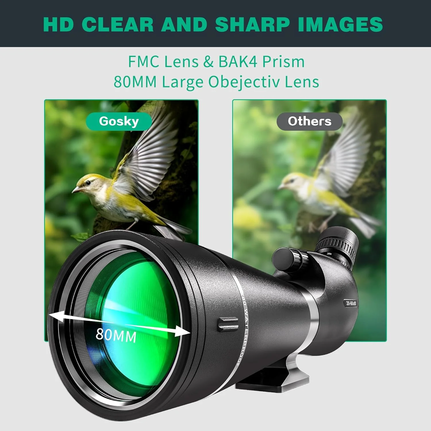 تلسکوپ دیدبانی HD گوسکی 20-60x 80mm با سه پایه و آداپتور تلفن هوشمند، تلسکوپ های BAK 4 منشوری برای تماشای پرندگان، تیراندازی به هدف، شکار و تماشای حیات وحش