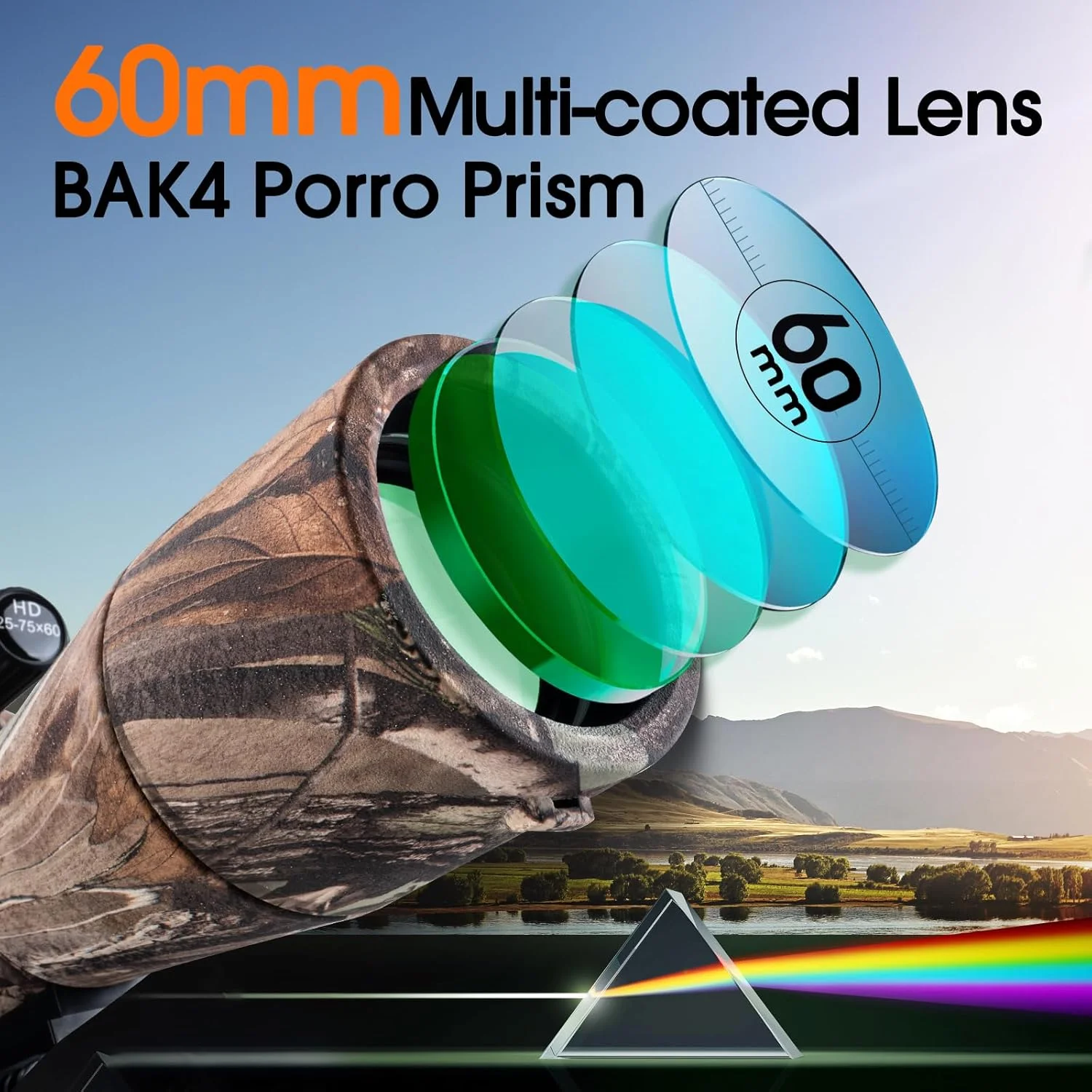 تلسکوپ دیدبانی 25-75x60 به همراه سه پایه، کیف حمل و آداپتور تلفن همراه، مناسب برای تماشای پرندگان، حیات وحش و شکار - طرح استتار