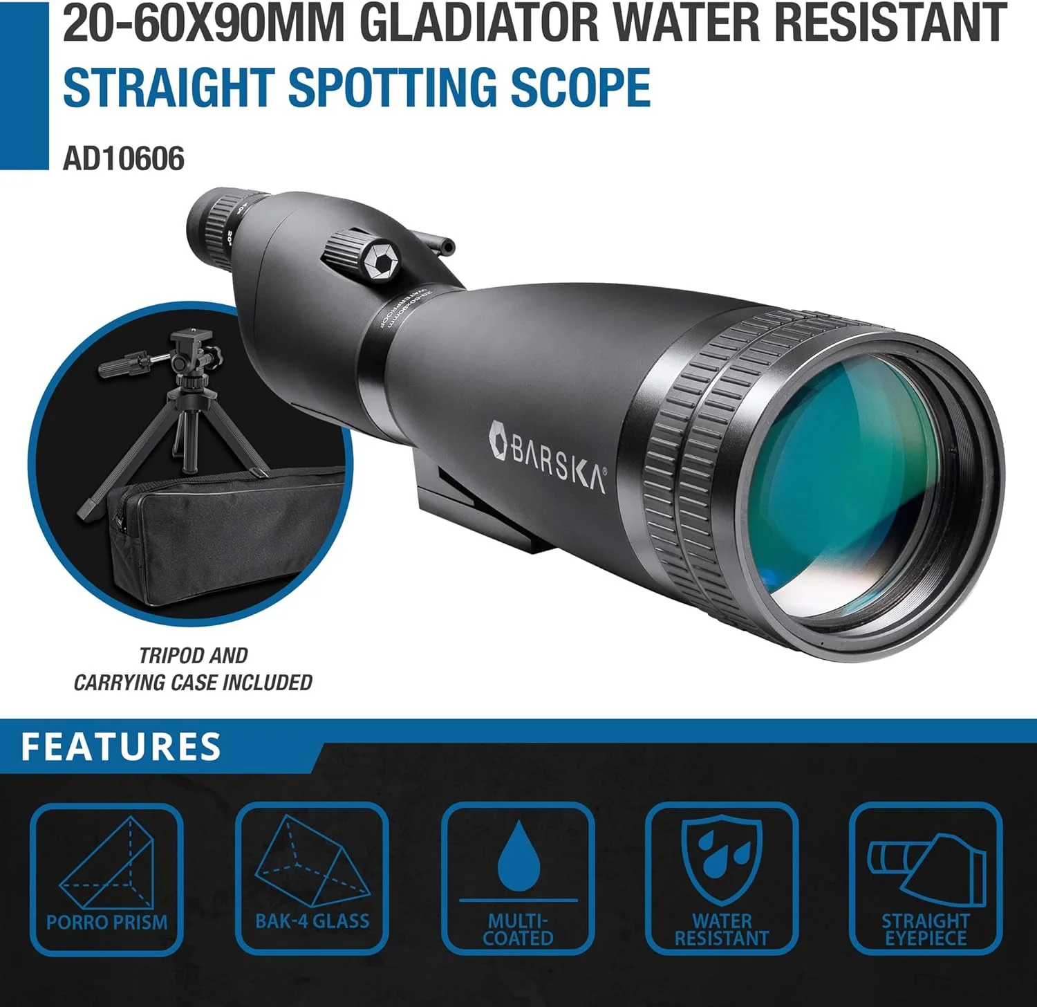 تلسکوپ دیدبانی مستقیم ضدآب BARSKA Gladiator 20-60x90 به همراه سه پایه