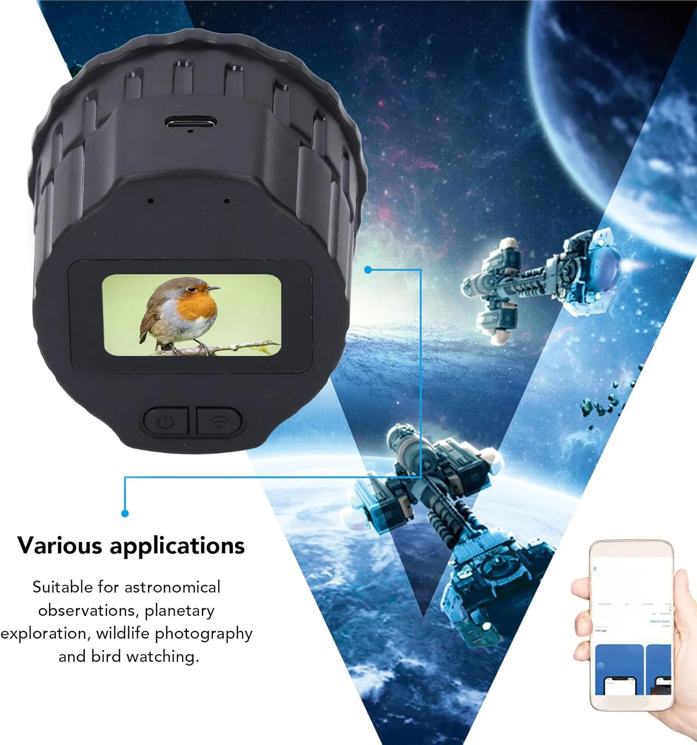 چشمی الکترونیکی وای فای، چشمی الکترونیکی 4 مگاپیکسلی، دوربین قابل حمل 800 میلی آمپری برای تلسکوپ های دیدبانی پرندگان با هات اسپات وای فای، برای میکروسکوپ ها، تک چشمی ها و دوربین های شکاری 24 تا 50 میلی متری