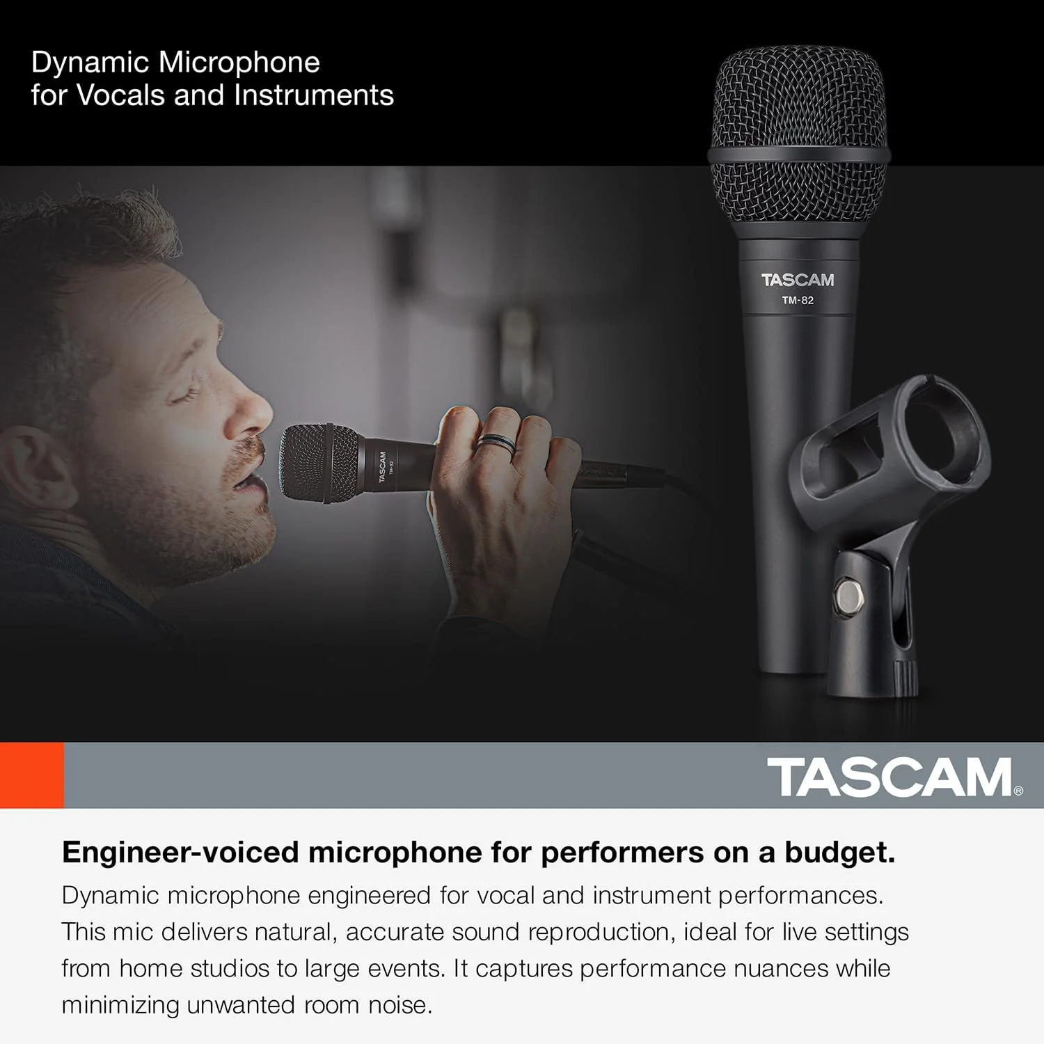 میکروفون داینامیک Tascam برای وکال و ساز، مشکی (TM-82)