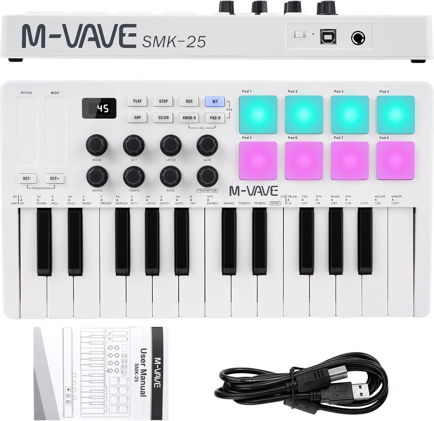 کنترلر کیبورد MIDI نیکو M-VAVE، مینی USB با 25 کلید حرفه ای داینامیک، کیبورد تنظیم کننده موسیقی الکترونیکی با پدهای درام RGB، سفید