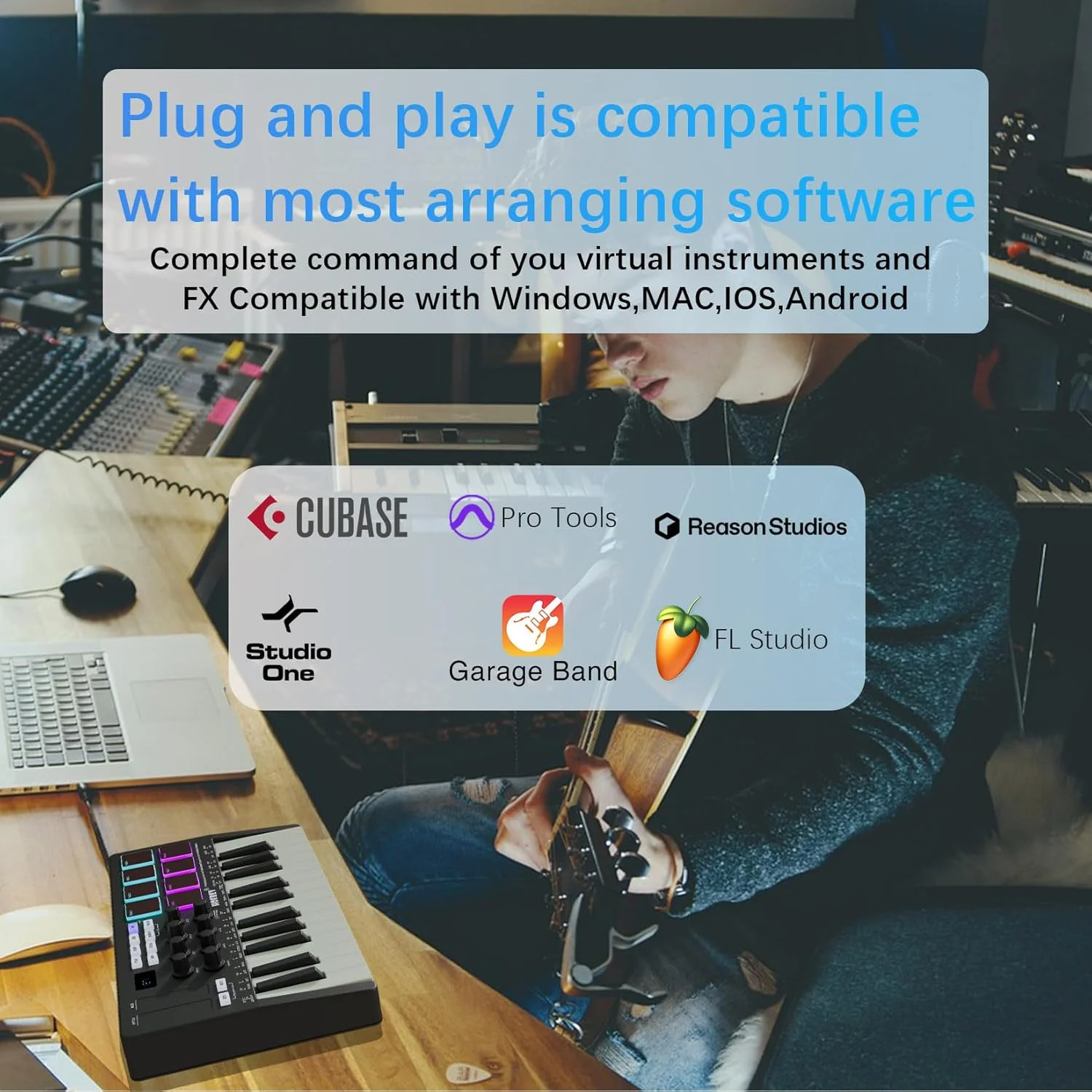 کنترلر میدی کیبورد HOEREV با 8 پد درام با نور پس زمینه، بی سیم، نیمه سنگین، حرفه ای، کلاویه های دینامیک، 25 کلید، باتری لیتیومی USB، FBA_M008_Midi_White