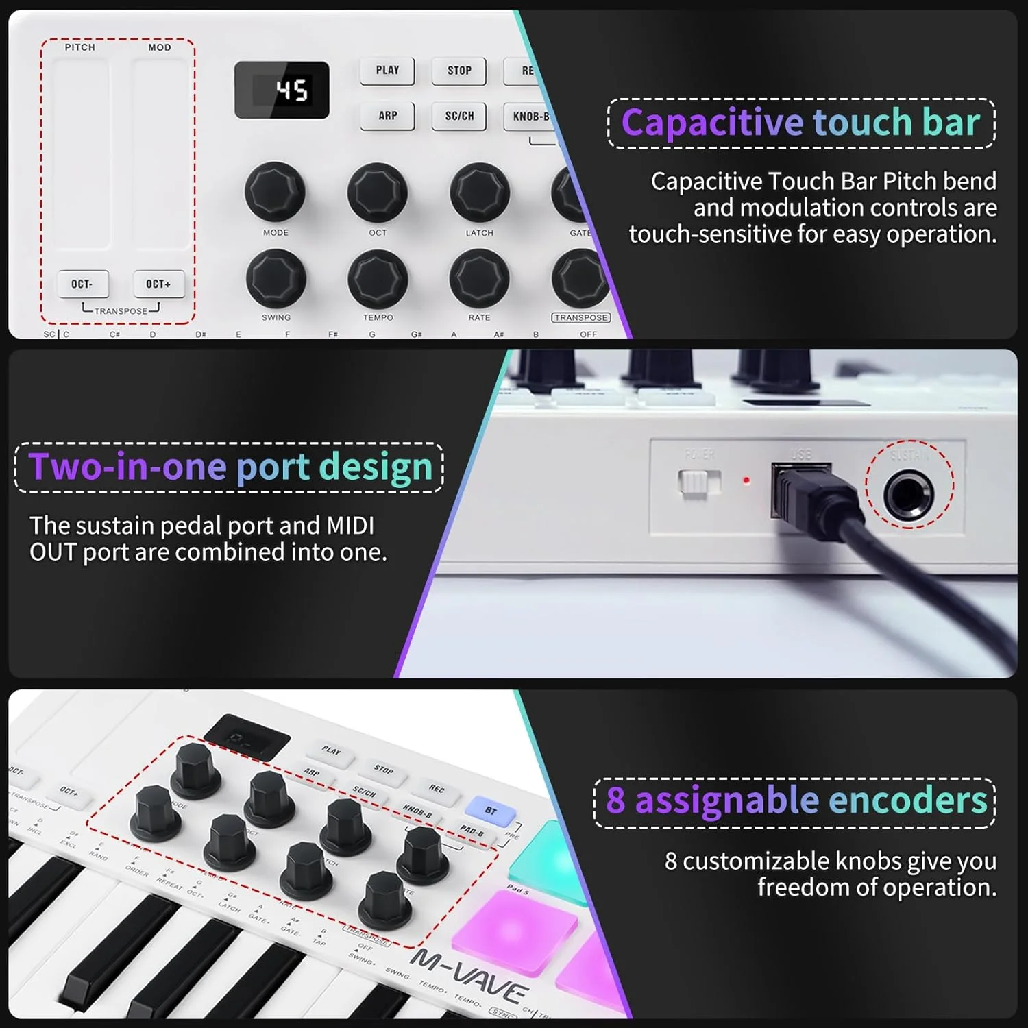 کنترلر کیبورد MIDI نیکو M-VAVE، مینی USB با 25 کلید حرفه ای داینامیک، کیبورد تنظیم کننده موسیقی الکترونیکی با پدهای درام RGB، سفید کنترلر کیبورد MIDI نیکو M-VAVE، مینی USB با 25 کلید حرفه ای داینامیک، کیبورد تنظیم کننده موسیقی الکترونیکی با پدهای درام RGB، سفید