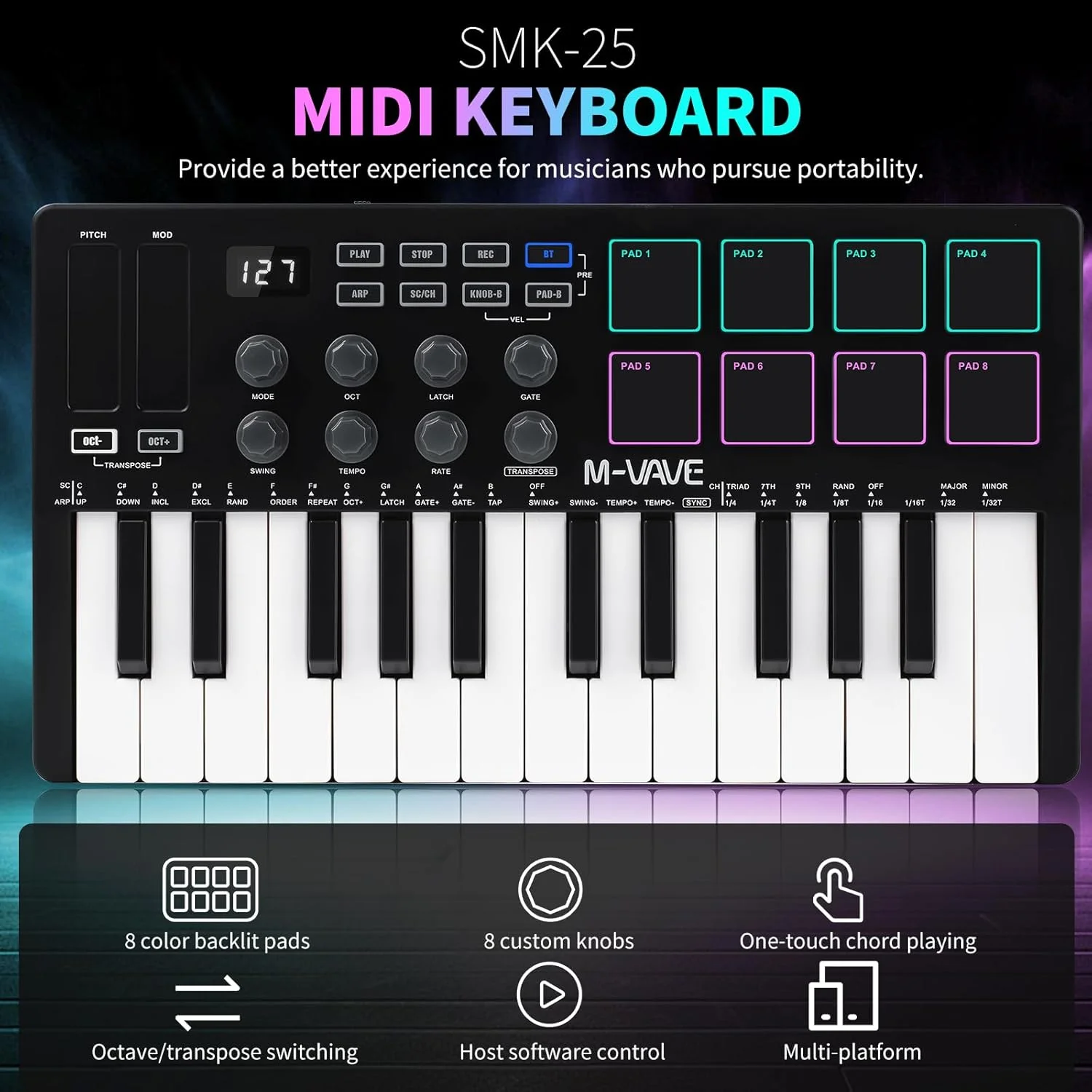 کنترلر صفحه کلید MIDI نیکو M-VAVE، مینی USB 25 کلید صفحه کلید حرفه ای داینامیک تنظیم کننده موسیقی الکترونیکی با پدهای درام RGB (مشکی)