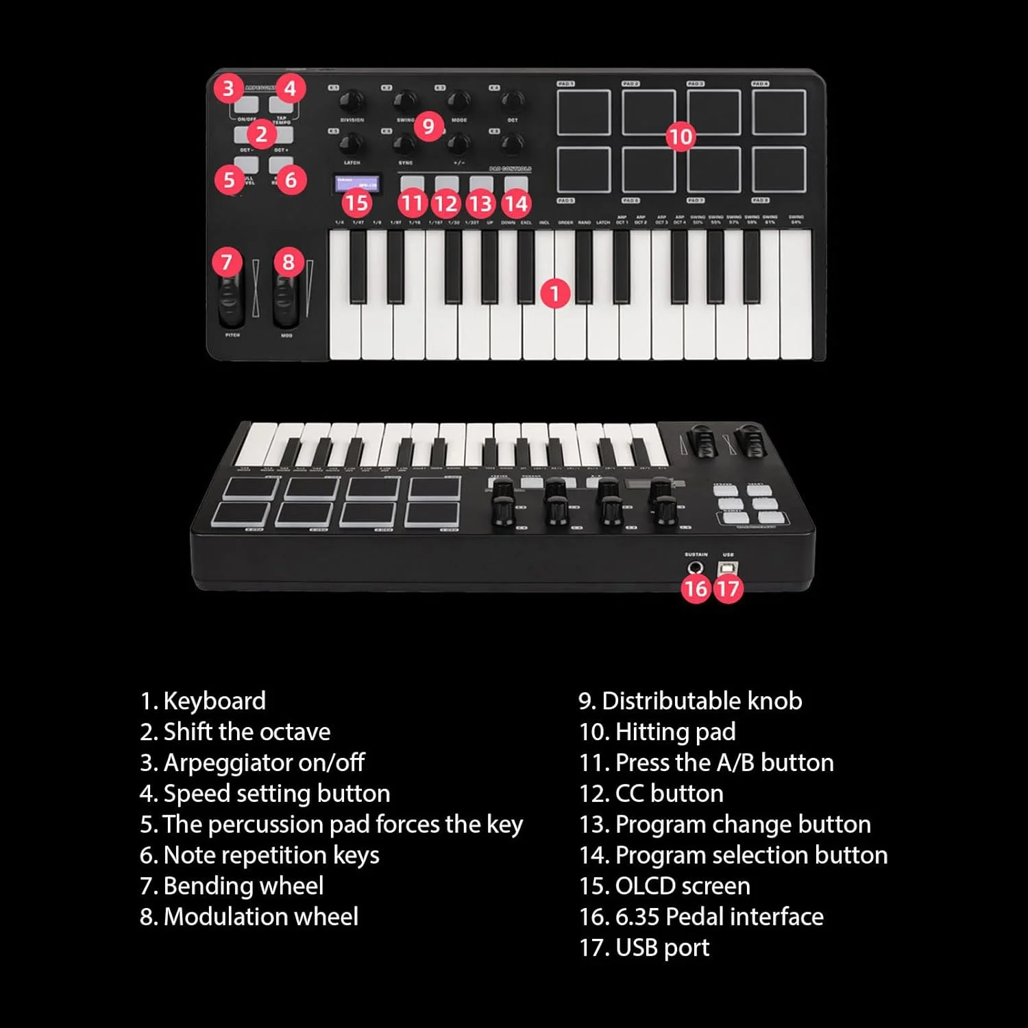 کنترلر کیبورد MIDI USB با 25 کلید، دارای 8 پد درام با نور پس زمینه، صفحه کلید نیمه سنگین داینامیک BT، 8 دکمه، همراه با نرم افزار تولید موسیقی