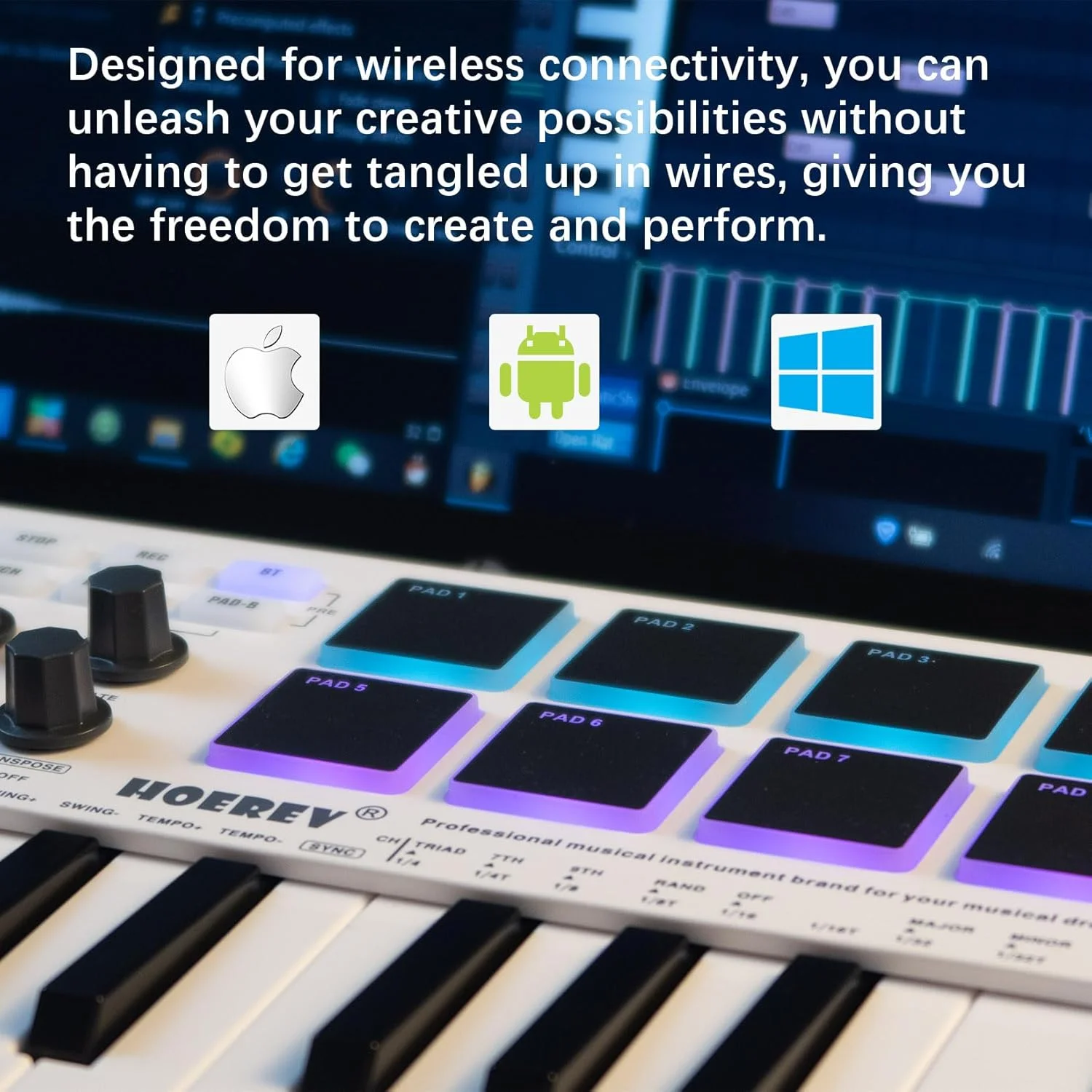 کنترلر میدی کیبورد HOEREV با 8 پد درام با نور پس زمینه، بی سیم، نیمه سنگین، حرفه ای، کلاویه های دینامیک، 25 کلید، باتری لیتیومی USB، FBA_M008_Midi_White
