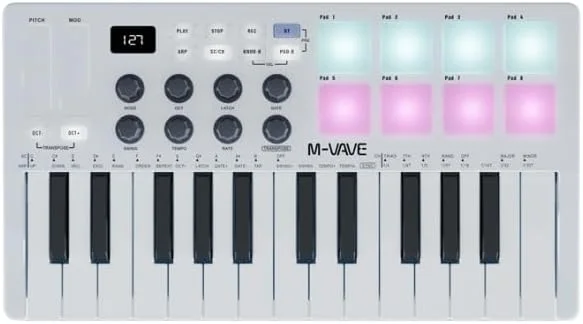 کنترلر میدی کیبورد USB با 25 کلید حساس به ضربه و پدهای درام RGB، سفید