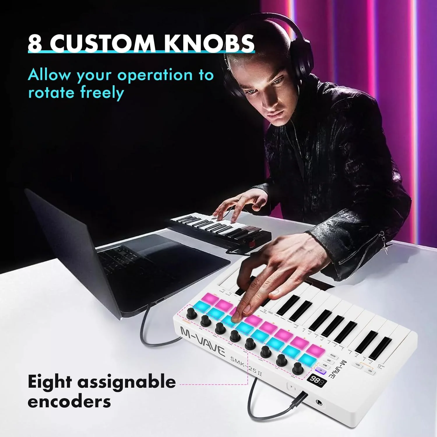 کنترلر میدی کیبورد USB با 25 کلید حساس به ضربه و پدهای درام RGB، سفید