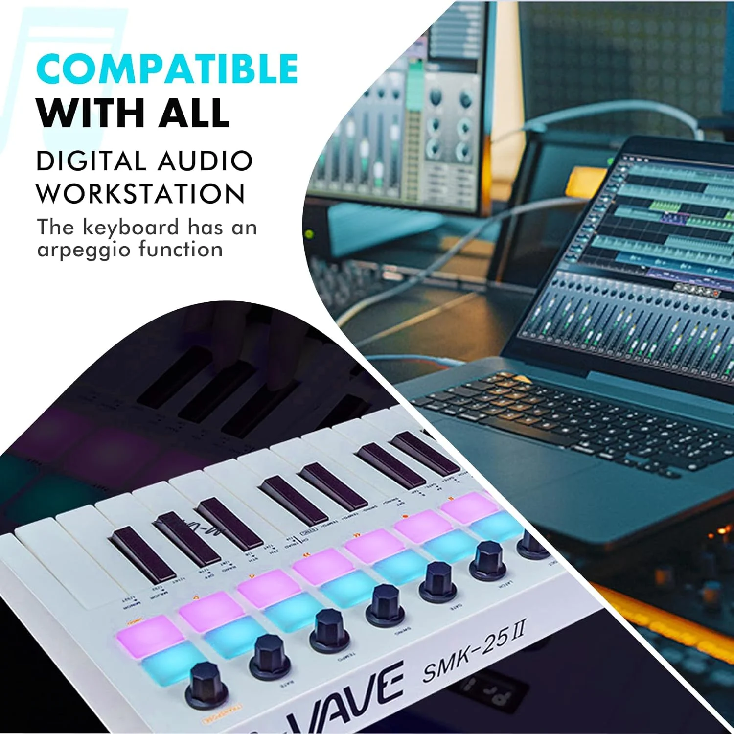 کنترلر میدی کیبورد USB با 25 کلید حساس به ضربه و پدهای درام RGB، سفید