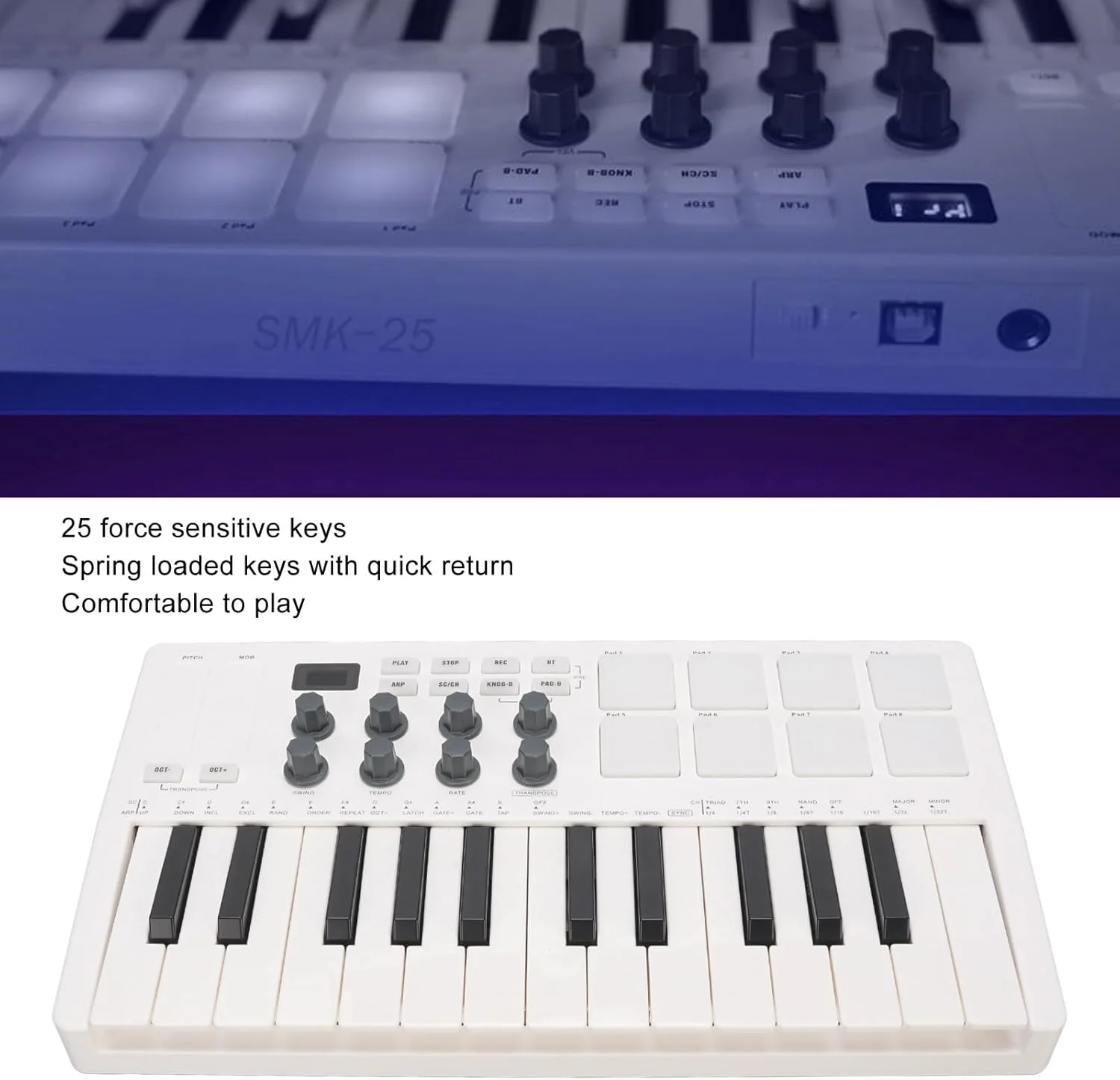 کنترلر صفحه کلید MIDI، کنترلر MIDI قابل حمل بلوتوثی 25 کلیدی با 8 پد درام با نور پس زمینه، 8 دکمه، میکسر MIDI برای تولید موسیقی کنترلر صفحه کلید MIDI، کنترلر MIDI قابل حمل بلوتوثی 25 کلیدی با 8 پد درام با نور پس زمینه، 8 دکمه، میکسر MIDI برای تولید موسیقی