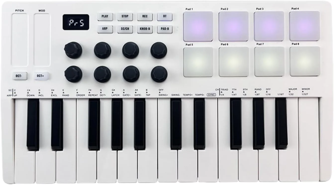 کیبورد MIDI با 25 کلید، کنترلر کیبورد MIDI بلوتوثی با 8 پد درام RGB با نور پس زمینه و 8 دکمه، سازنده بیت قابل حمل و کیتار برای تولید موسیقی
