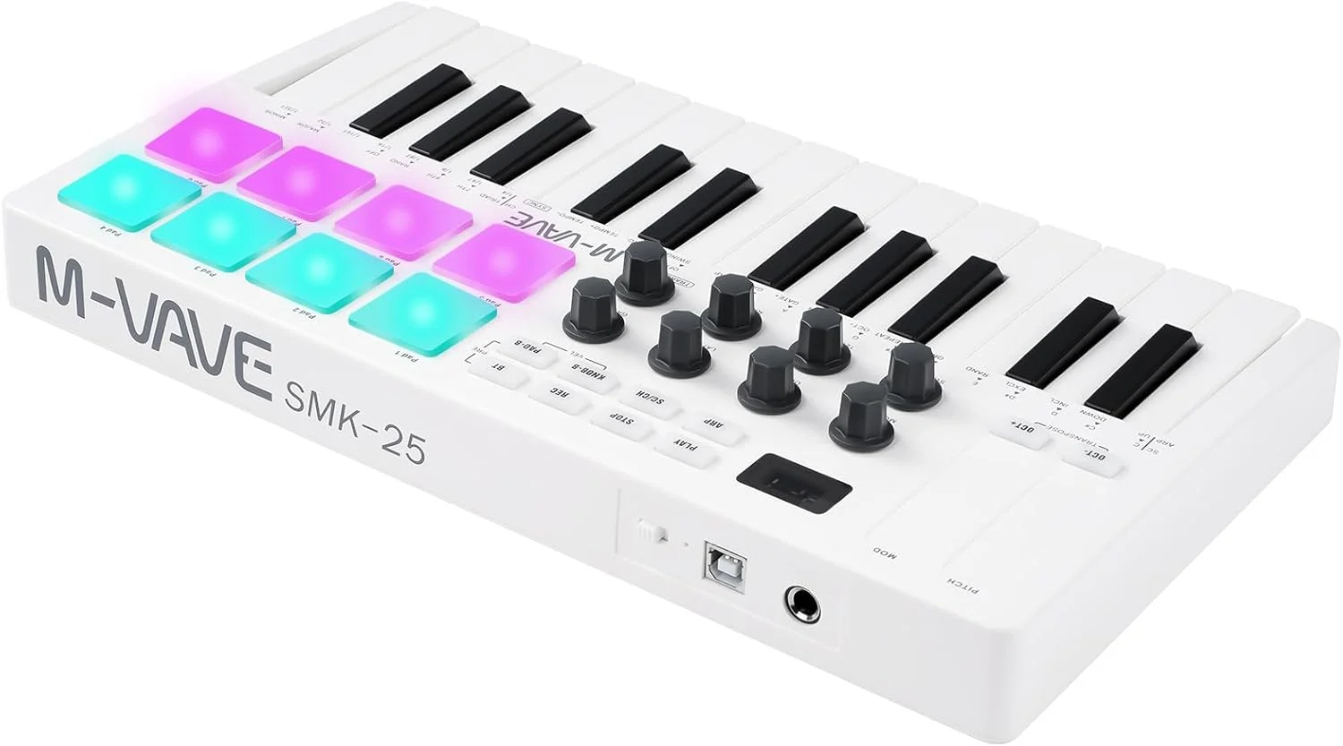 کیبورد MIDI مینی 25 کلیدی M-VAVE، کیبورد تنظیم موسیقی، کیبورد الکترونیکی MIDI، پد کنترلر، باتری داخلی SMK-25 سفید