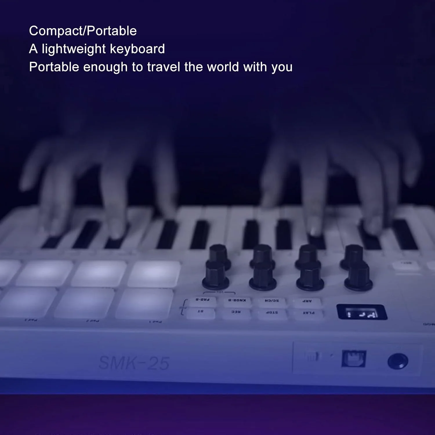 کیبورد MIDI با 25 کلید، کنترلر کیبورد MIDI بلوتوثی با 8 پد درام RGB با نور پس زمینه و 8 دکمه، سازنده بیت قابل حمل و کیتار برای تولید موسیقی