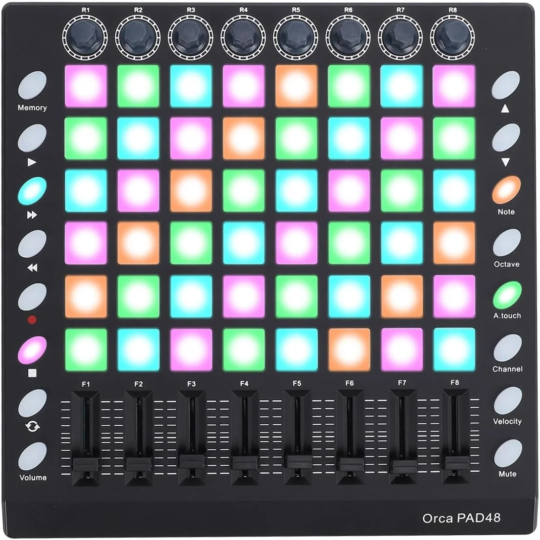 پد درام کنترلر MIDI فوکتی، 48 پد حساس به سرعت با نور پس زمینه RGB، 8 دکمه، 8 لغزنده، 16 کلید عملکردی ورودی/خروجی USB MIDI، با قابلیت اتصال و پخش برای Win