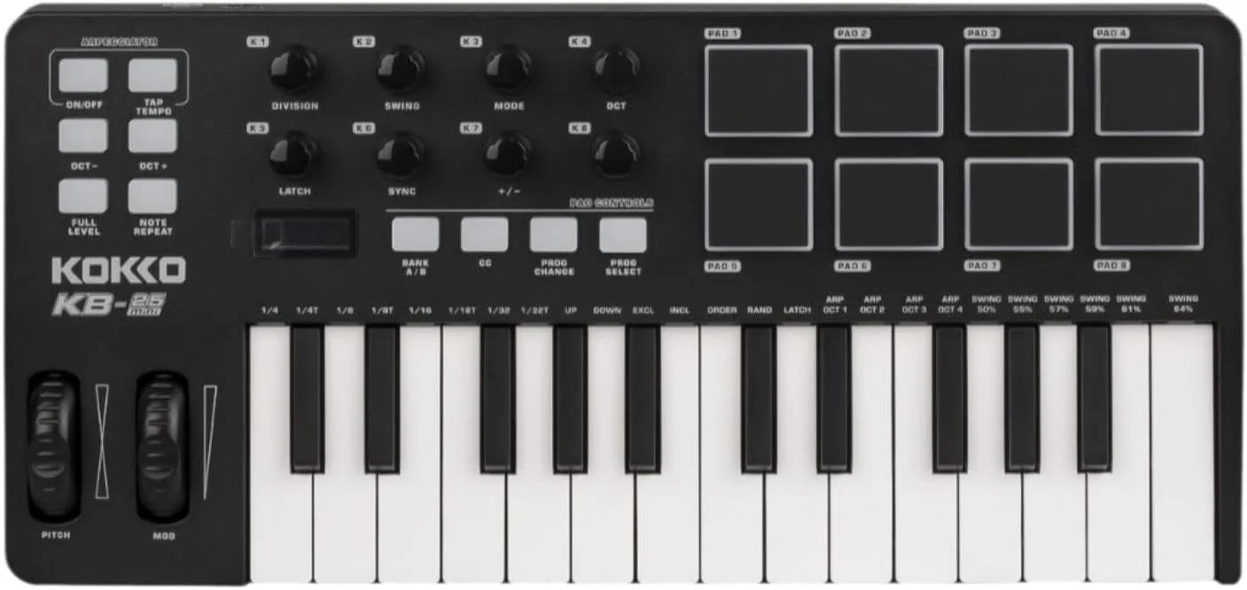 کنترلر MIDI فنتیر با 8 پد درام و 25 کلید، کنترلر پد مینی قابل حمل MIDI، پیانوی USB - مناسب برای مبتدیان