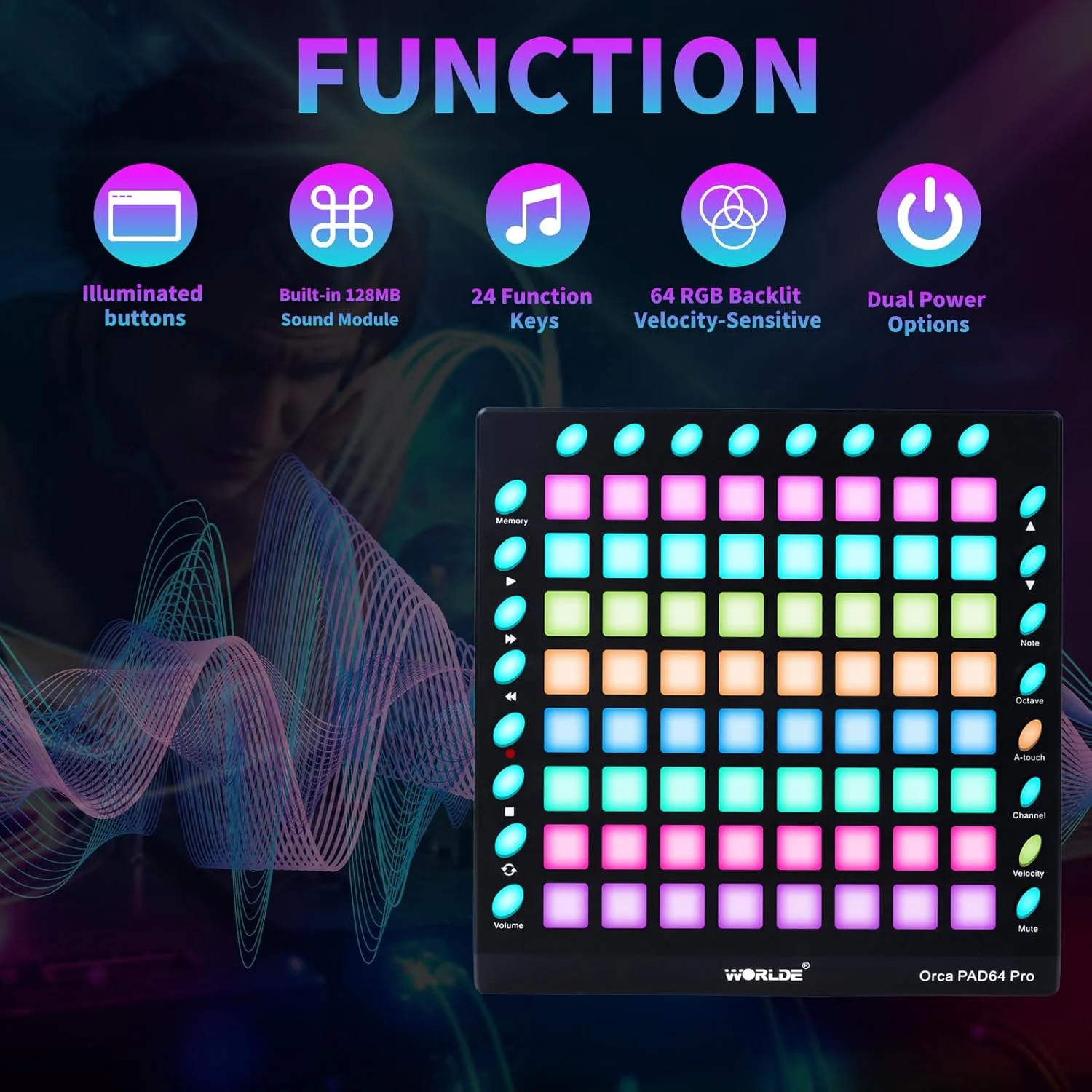پد موسیقی الکترونیکی نیکو، کنترلر MIDI با 64 کلید و پدهای RGB با نور پس‌زمینه، پدهای کوبه‌ای الکتروآکوستیک (مشکی)