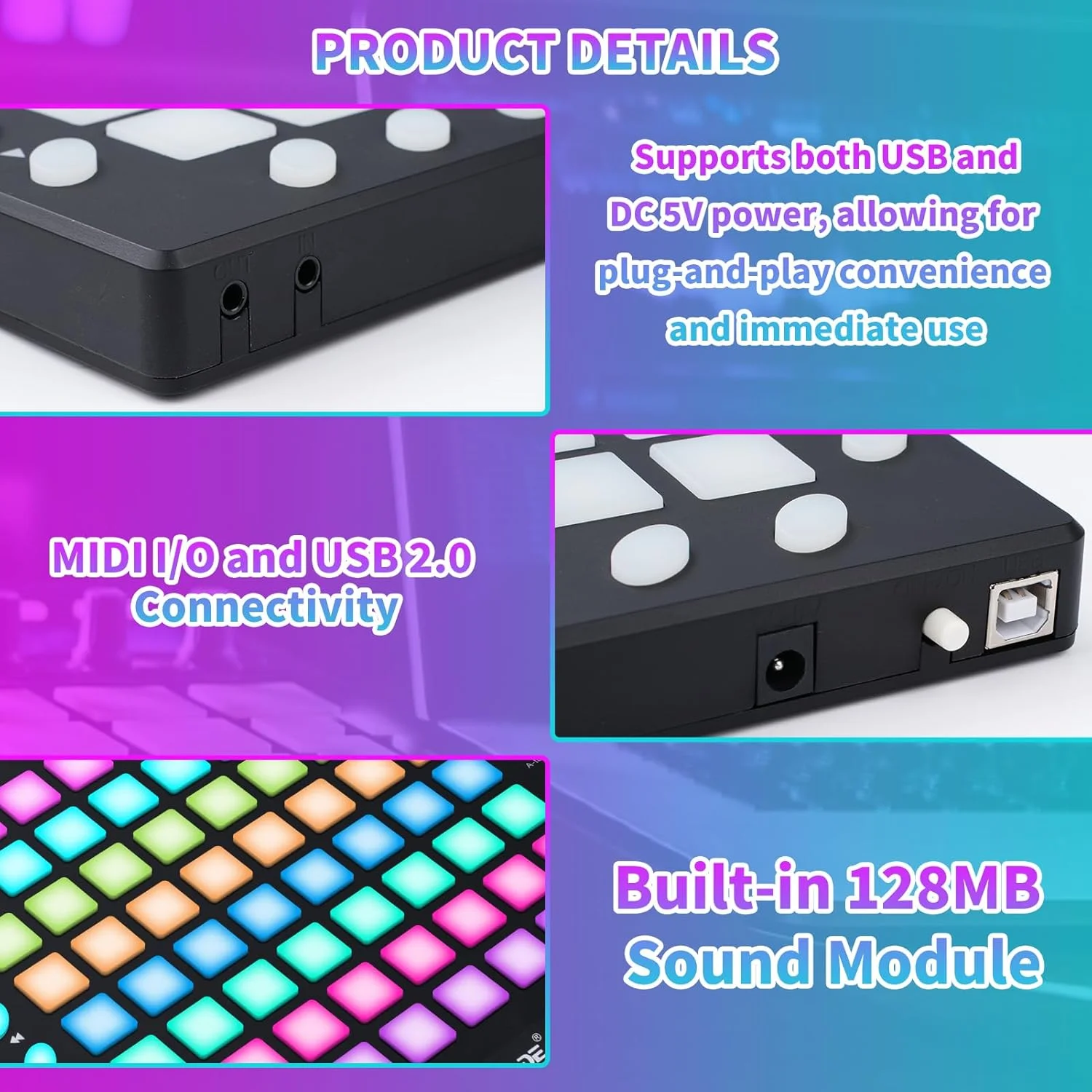 پد موسیقی الکترونیکی نیکو، کنترلر MIDI با 64 کلید و پدهای RGB با نور پس‌زمینه، پدهای کوبه‌ای الکتروآکوستیک (مشکی)