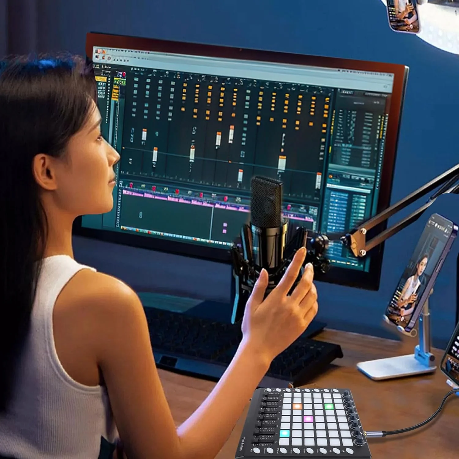 کنترلر MIDI، پد ضرب آهنگ MIDI قابل حمل با 48 پد با نور پس زمینه RGB، 8 دکمه، 8 فیدر برای تولید موسیقی، اجرای دی جی و نمایش های زنده، پد درام USB Plug-and-Play برای