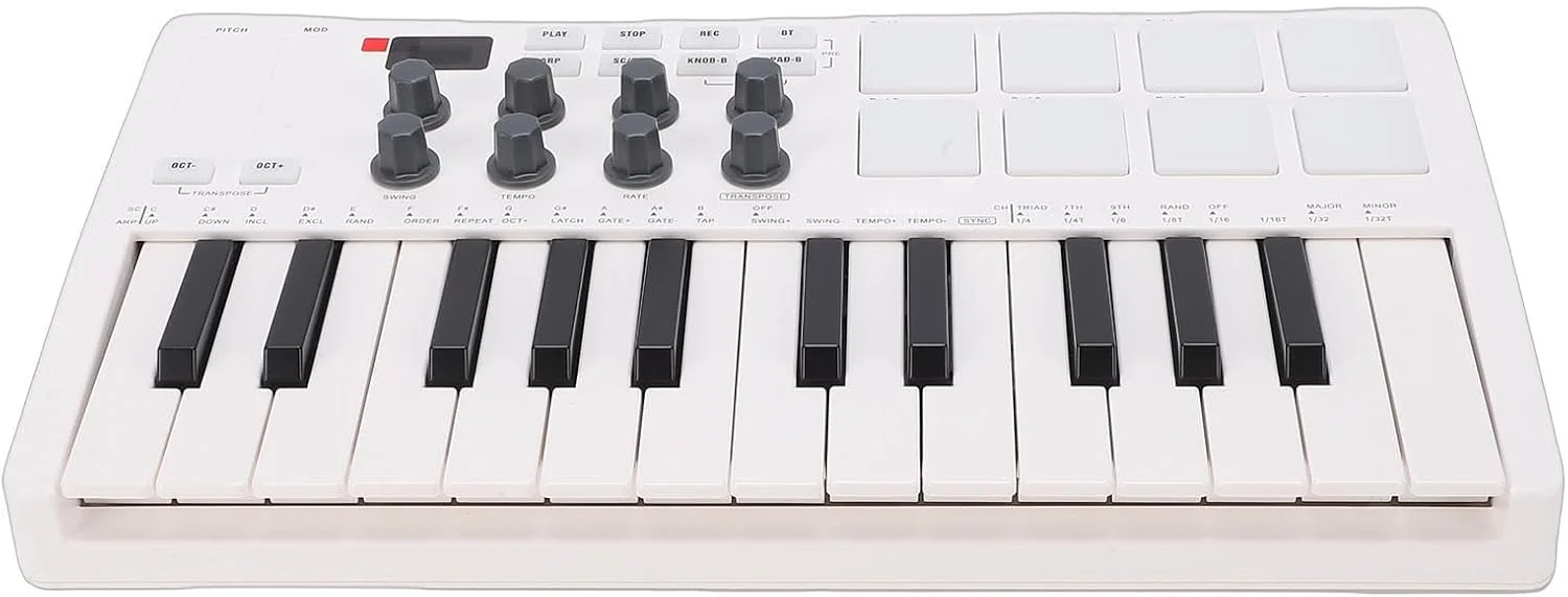 کنترلر صفحه کلید MIDI، 25 کلید، 8 پد درام با نور پس زمینه، سفید، کنترلر تولید موسیقی قابل حمل با 8 دکمه، سازگار با ویندوز، مک OS X، اندروید