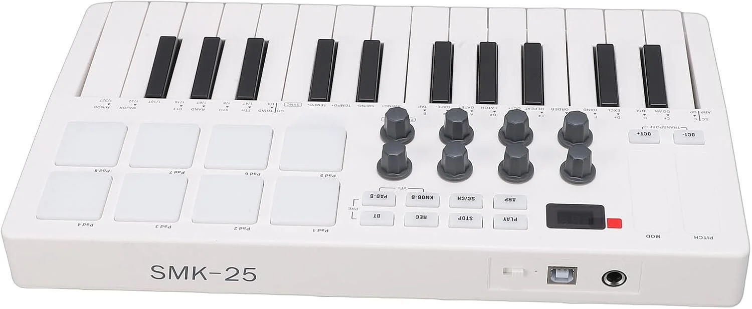 کنترلر میدی کیبورد 25 کلیدی، تولید موسیقی بی سیم BT حرفه ای با 8 پد درام با نور پس زمینه RGB و 8 دکمه با کلیدهای تشخیص نیرو برای