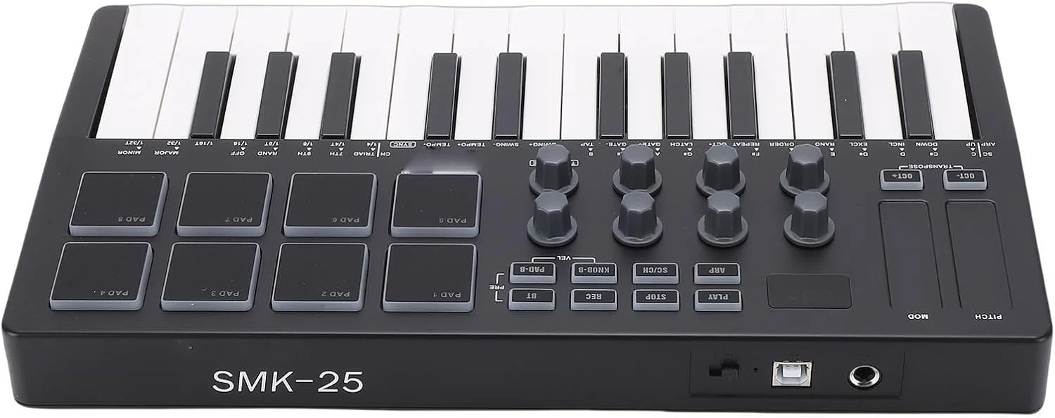 کنترلر میدی کیبورد، 25 کلید حساس به ضربه، 8 پد RGB با نور پس زمینه، 8 رمزگذار قابل تخصیص، 2 نوار لمسی، نرم افزار تولید موسیقی و