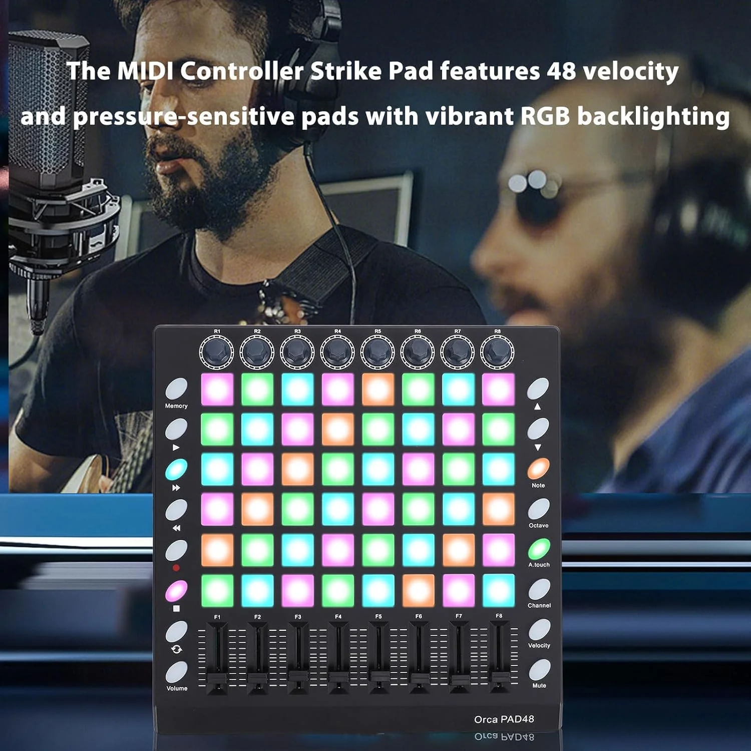 کنترلر پد MIDI، دستگاه ضرب ساز USB قابل شارژ با 48 پد درام RGB حساس به سرعت، 8 دکمه و فیدر قابل تنظیم، قابل حمل برای مبتدیان