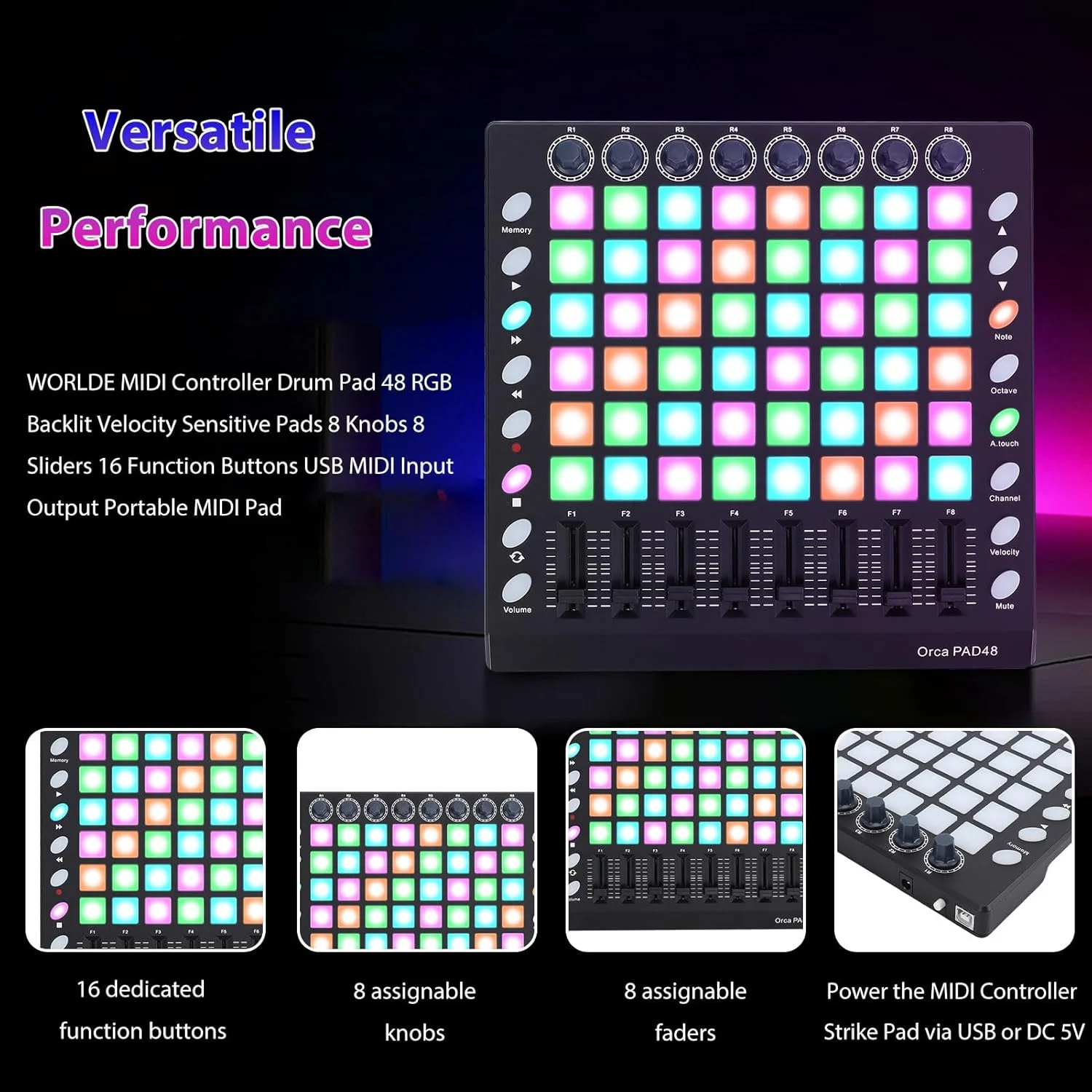 کنترلر پد MIDI، دستگاه ضرب ساز USB قابل شارژ با 48 پد درام RGB حساس به سرعت، 8 دکمه و فیدر قابل تنظیم، قابل حمل برای مبتدیان