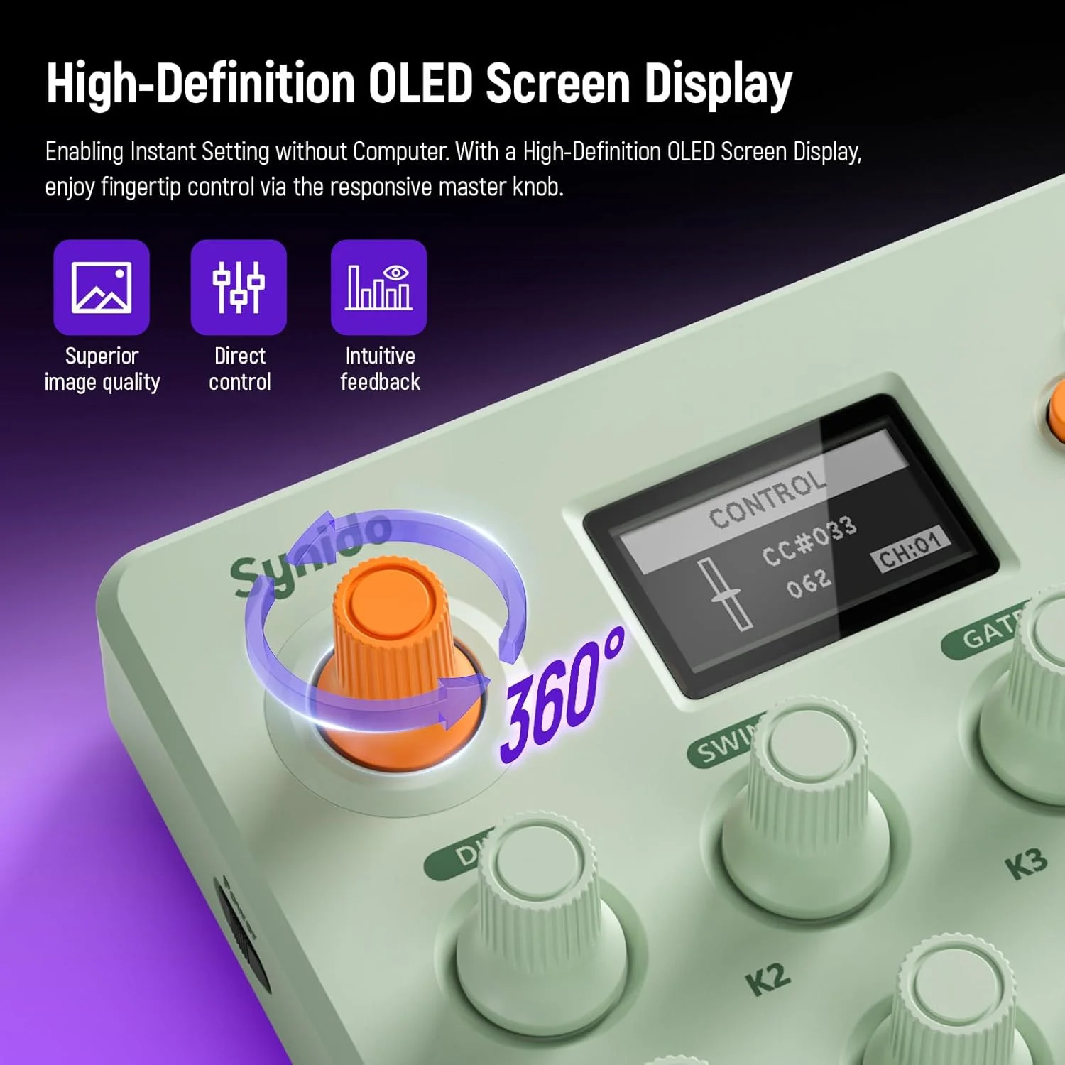 کنترلر پد MIDI بی‌سیم Synido، دستگاه ضرب‌ساز قابل شارژ USB برای تولید موسیقی حرفه‌ای با 16 پد ضرب RGB، صفحه نمایش OLED، سکوئنسر 16 مرحله‌ای، MIDI In/Out/Thru