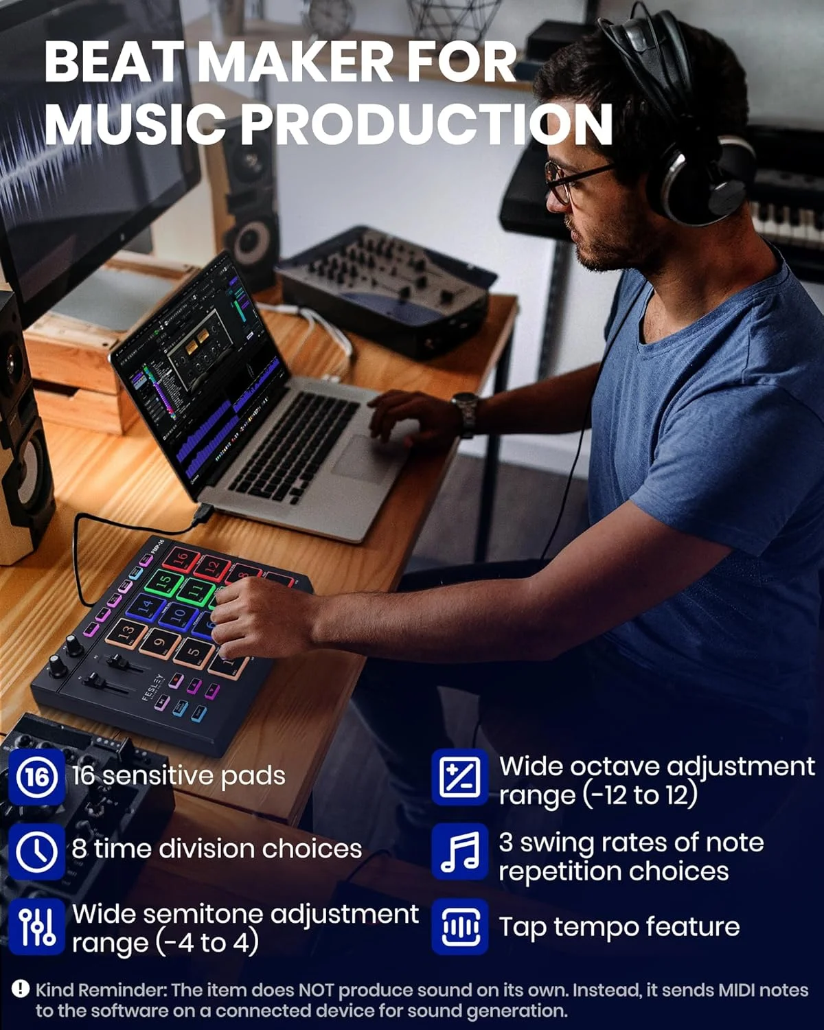 کنترلر MIDI حرفه ای Fesley، دستگاه بیت ساز با 16 پد بیت، MPC با 2 فیدر و رگولاتور قابل تنظیم، کنترلر پد MIDI قابل حمل، دستگاه بیت برای ساخت موسیقی کنترلر MIDI حرفه ای Fesley، دستگاه بیت ساز با 16 پد بیت، MPC با 2 فیدر و رگولاتور قابل تنظیم، کنترلر پد MIDI قابل حمل، دستگاه بیت برای ساخت موسیقی