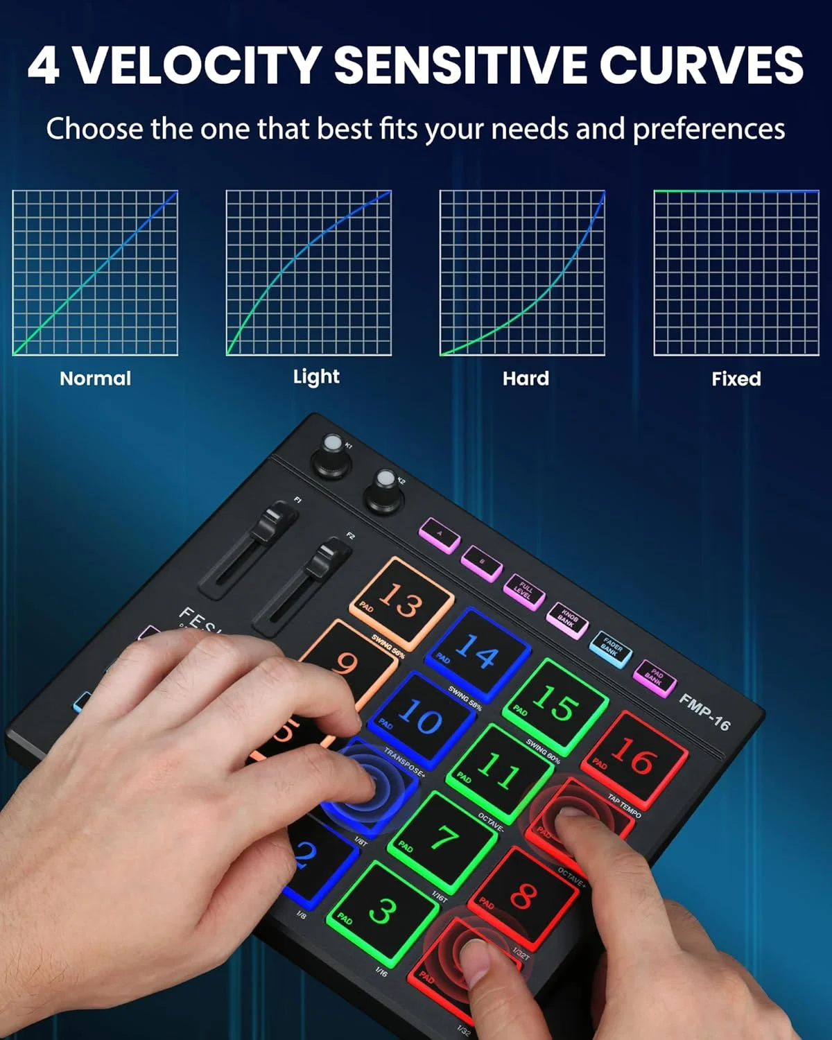 کنترلر MIDI حرفه ای Fesley، دستگاه بیت ساز با 16 پد بیت، MPC با 2 فیدر و رگولاتور قابل تنظیم، کنترلر پد MIDI قابل حمل، دستگاه بیت برای ساخت موسیقی کنترلر MIDI حرفه ای Fesley، دستگاه بیت ساز با 16 پد بیت، MPC با 2 فیدر و رگولاتور قابل تنظیم، کنترلر پد MIDI قابل حمل، دستگاه بیت برای ساخت موسیقی