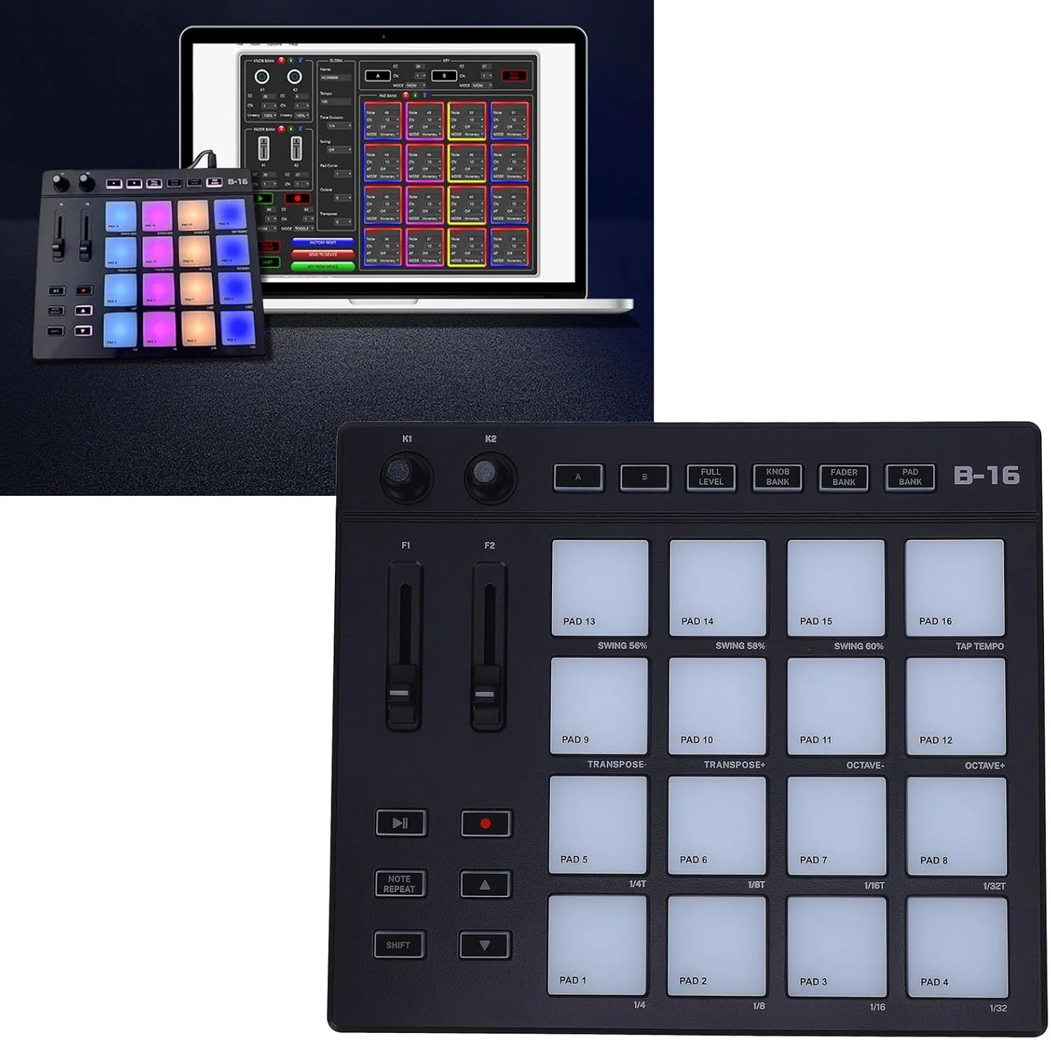 کنترلر MIDI، کنترلر کیبورد MIDI USB قابل حمل RGB با 16 پد درام و 2 دکمه فیدر قابل تنظیم برای تولید موسیقی کنترلر MIDI، کنترلر کیبورد MIDI USB قابل حمل RGB با 16 پد درام و 2 دکمه فیدر قابل تنظیم برای تولید موسیقی