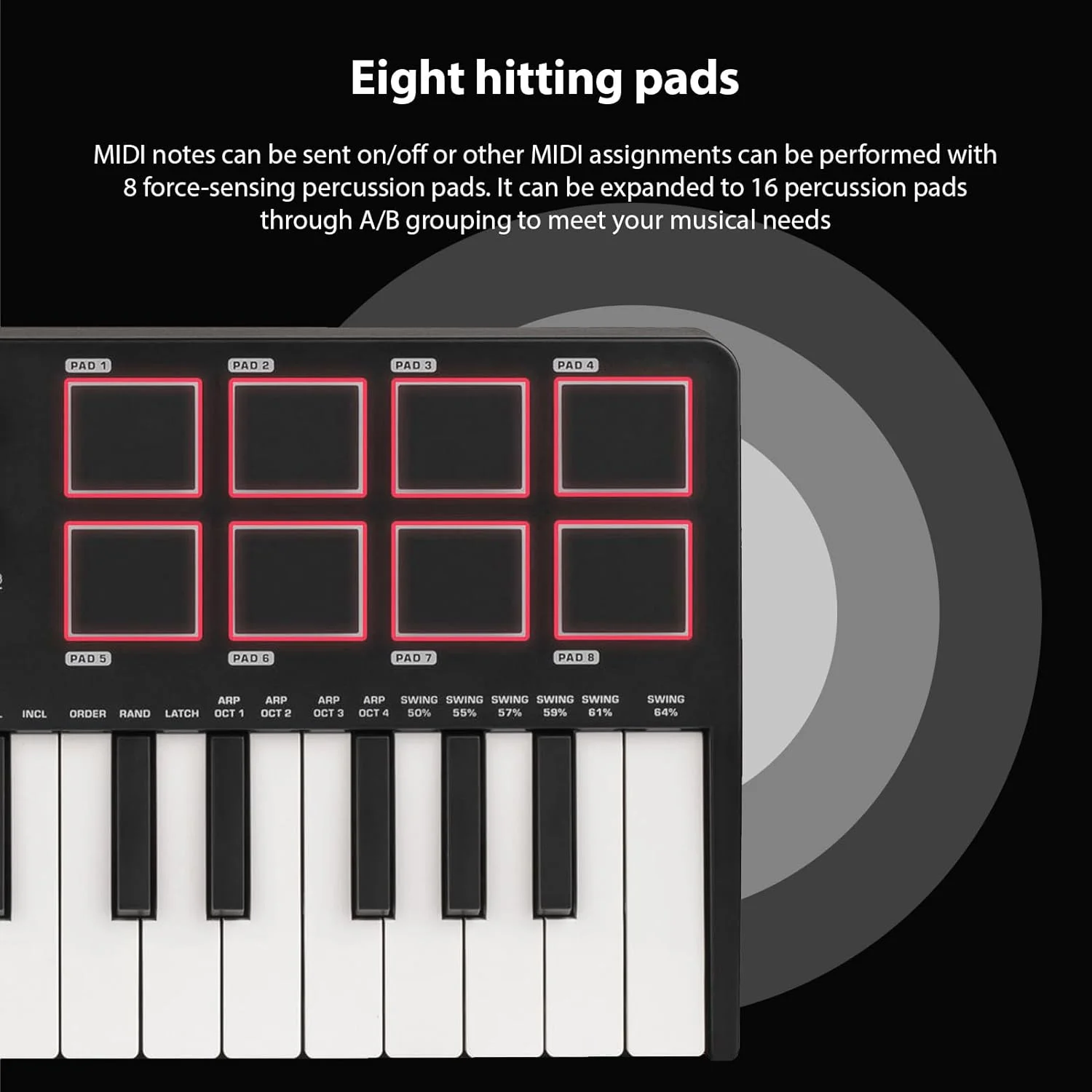 کنترلر MIDI، کنترلر کیبورد MIDI USB با 25 کلید، کیبورد MIDI با DAW، دارای 8 پد درام با نور پس زمینه، 8 دکمه و نرم افزار تولید موسیقی