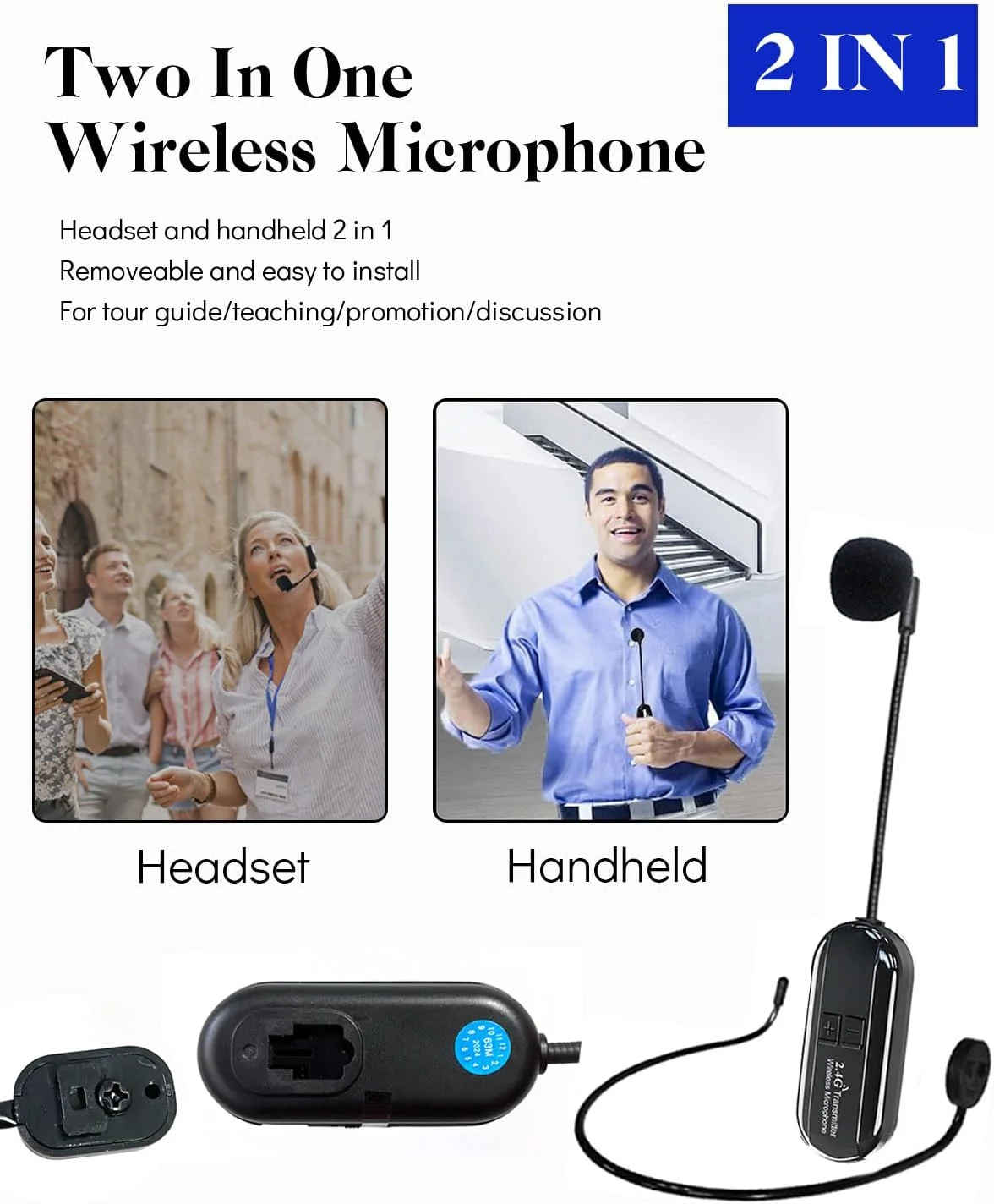 هدست میکروفون بی‌سیم، میکروفون بی‌سیم 2.4G، هدست میکروفون بی‌سیم با برد 50 متری، میکروفون هدست بی‌سیم قابل شارژ برای بلندگو، راهنمای سفر، معلم رقص
