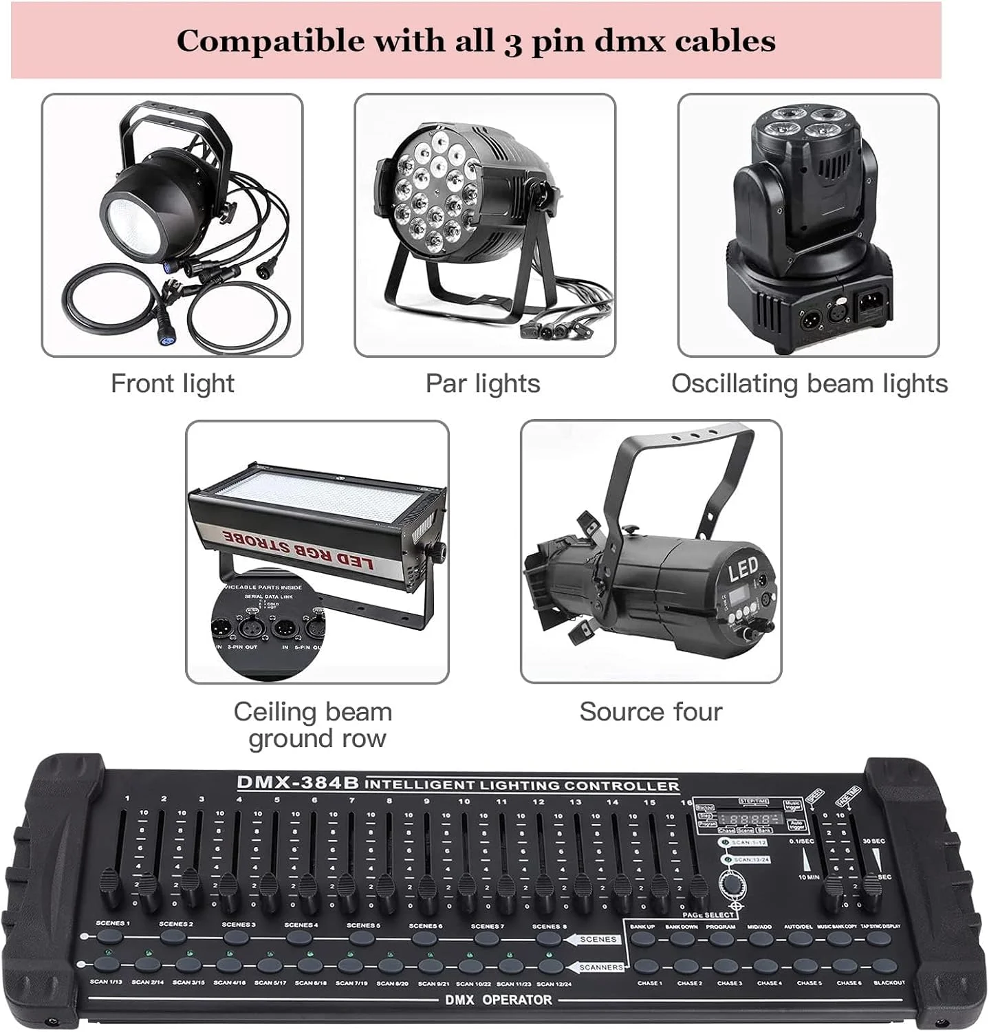 کنترلر DMX-512، DJ، 384 کانال DMX / 24 اسکنر (عملکردهای یکپارچه)، کنترل نور اتوماتیک (قابل برنامه ریزی)، کنترلر جهانی، برای ویرایش برنامه، نمایش های نور، A