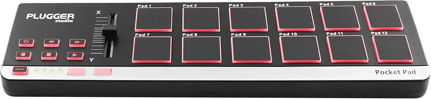 کنترلر میدی USB فوق العاده جمع و جور Plugger Studio Pocket Pad برای کامپیوترهای PC و Mac، دارای 12 پد حساس به ضربه، سازگار با تمام پلاگین های MAO DAW DJ و نرم افزارهای ابزار مجازی