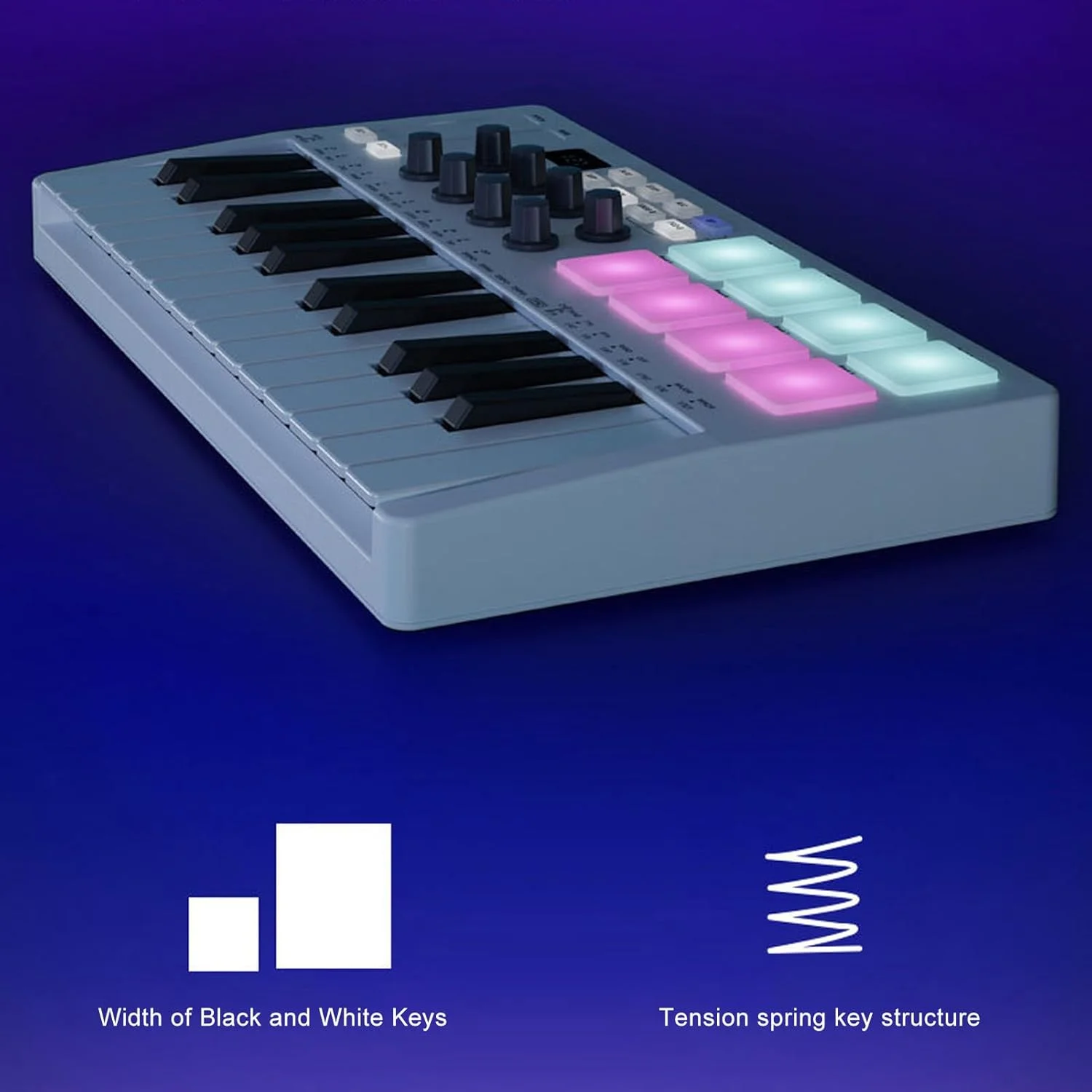 کنترلر میدی کیبورد، 25 کلید قابل حمل بلوتوثی با 8 پد درام با نور پس زمینه و 8 دکمه، بیت ساز برای تولید موسیقی برای مبتدیان