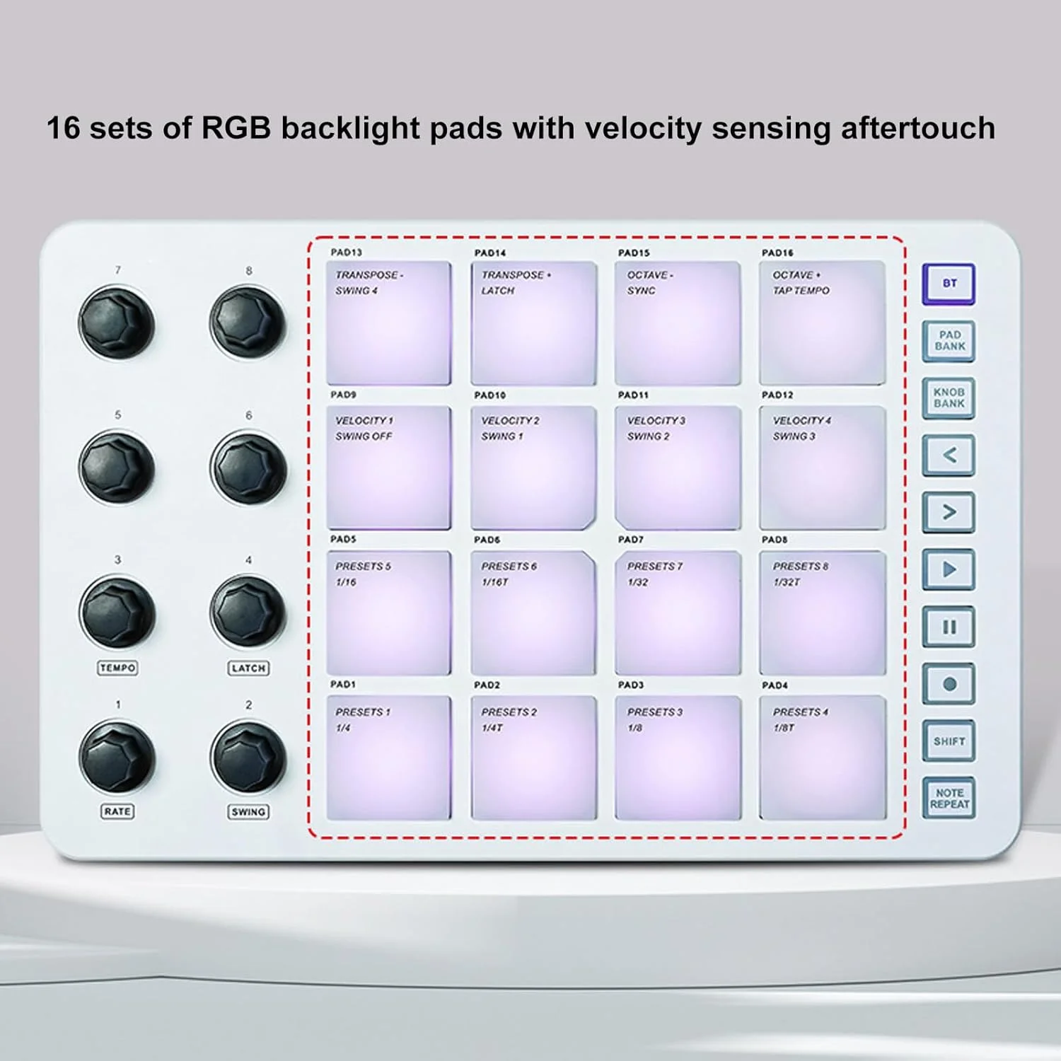 کنترلر MIDI، کنترلر کیبورد MIDI بلوتوث-USB با 16 پد RGB با نور پس زمینه، 8 دکمه قابل تنظیم، دکمه تکرار نت با ولوم کامل