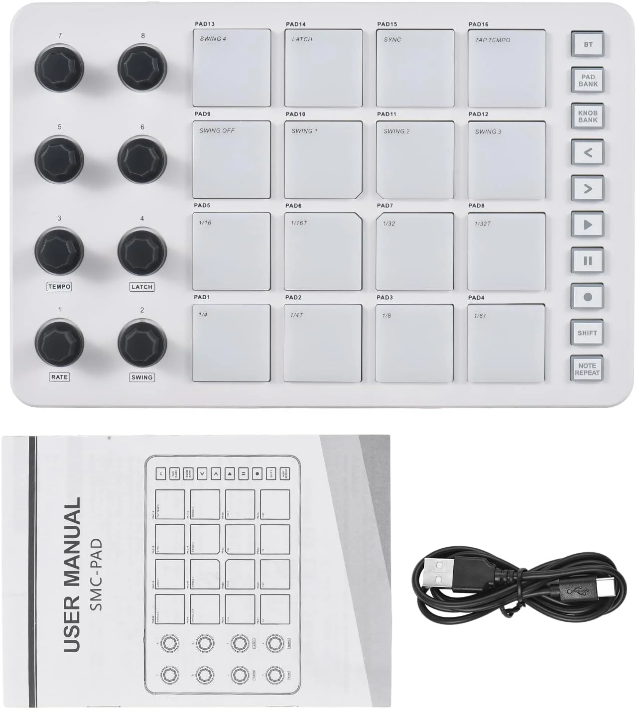 پد کنترلر MIDI، نور پس زمینه RGB، صفحه کلید MIDI، اتصال BT، تاخیر کم، رابط خروجی 3.5 میلی متری با 16 پد ضربه ای، 8 دکمه قابل تنظیم، تکرار نت