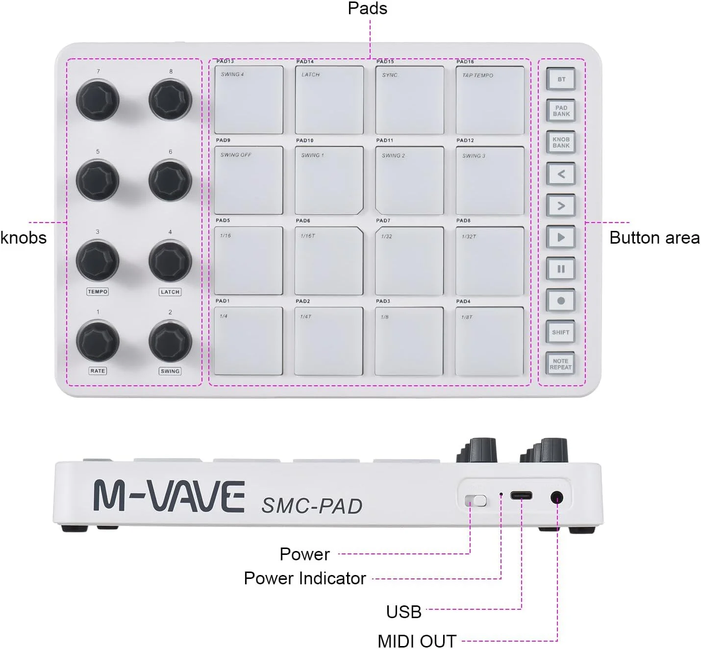 پد کنترلر MIDI با نور پس زمینه RGB، کیبورد MIDI، اتصال BT، تأخیر کم، رابط خروجی 3.5 میلی متری با 16 پد ضربه ای، 8 دکمه قابل تنظیم، تکرار نت