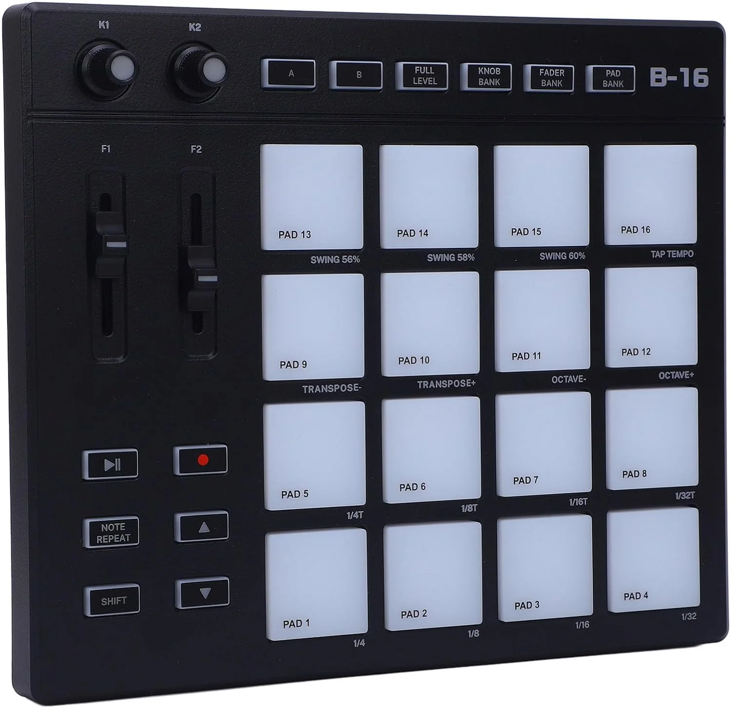 کنترلر MIDI USB با 16 پد درام، 2 دکمه قابل تنظیم، 48 صدای سفارشی، پد درام MIDI قابل حمل RGB برای تولید موسیقی