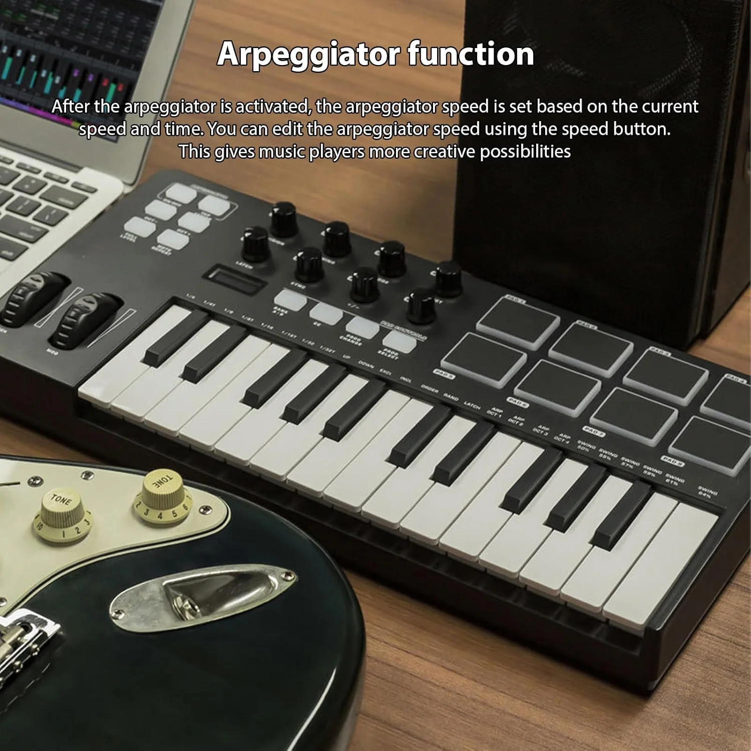 کنترلر صفحه کلید MIDI با 25 کلید، کنترلر کوچک صفحه کلید USB MIDI با 8 پد درام با نور پس زمینه و 8 دکمه، سازگار با نرم افزار تولید موسیقی، کامپیوتر