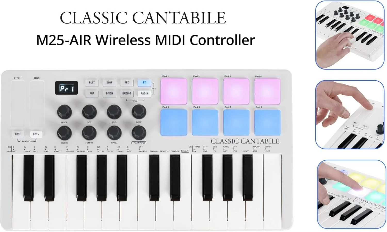 کنترلر میدی بی‌سیم Classic Cantabile M25-AIR - انتقال از طریق بلوتوث - سازگار با Apple iPhone & iPad - باتری داخلی قدرتمند - استفاده برای ویندوز از طریق کابل USB