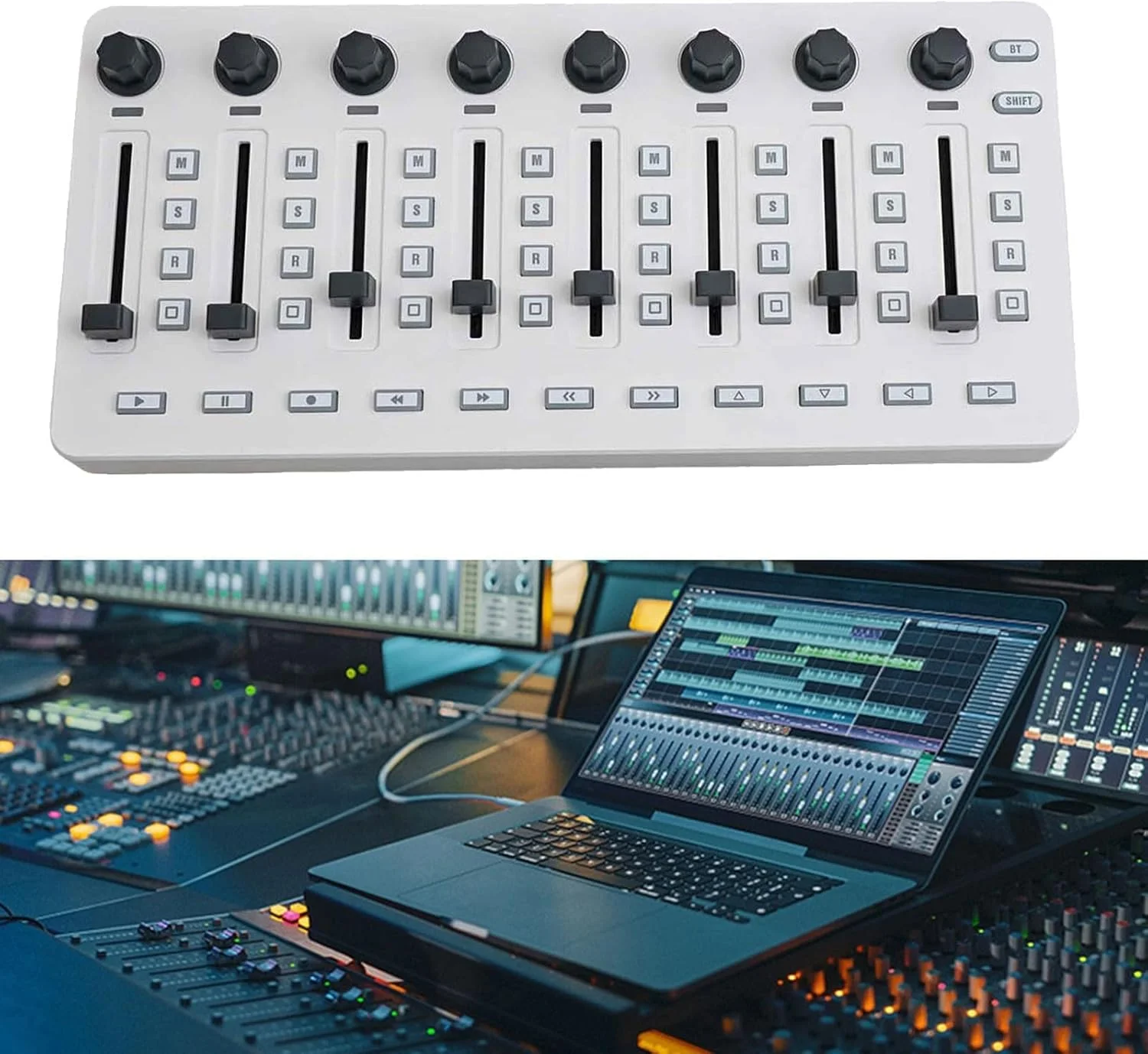 میکسر کنترلر MIDI با 43 کلید، 8 دکمه چرخشی، 8 دکمه فشاری، اتصال BT بی‌سیم و اتصال USB