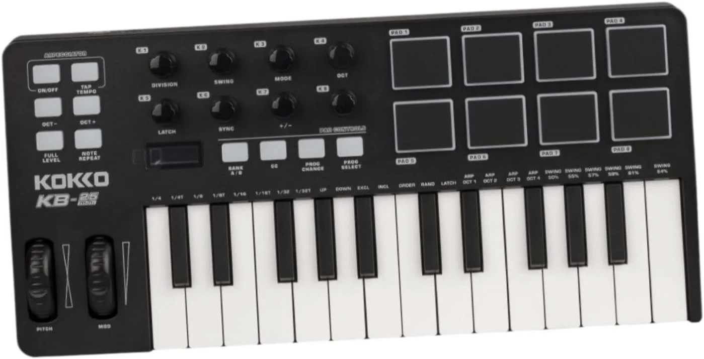 کنترلر MIDI Colcolo، صفحه کلید تولید موسیقی، دستگاه ضرب ساز 25 کلیدی با 8 پد درام برای مبتدیان