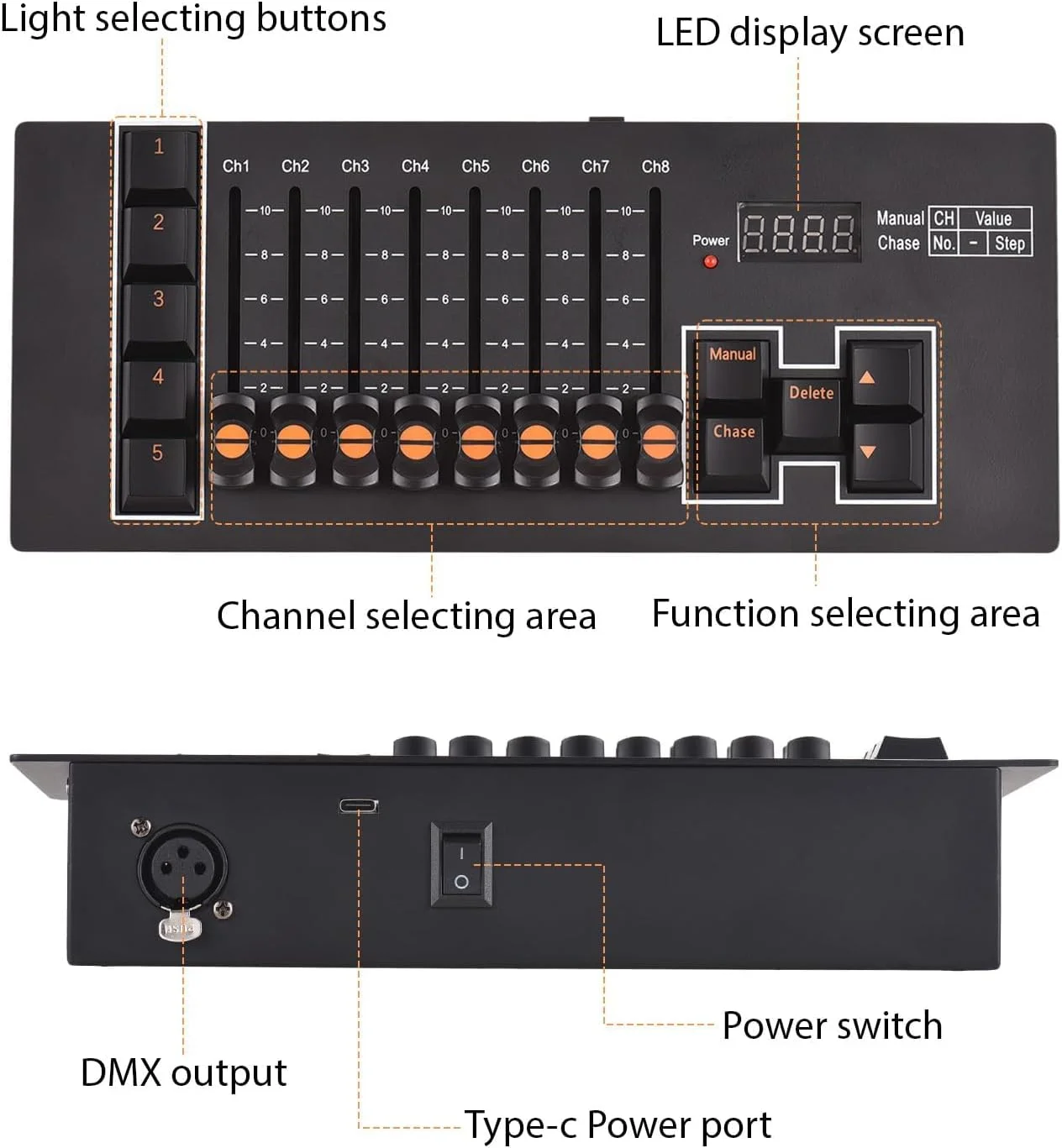 کنسول DMX، کنترلر DMX، کنترلر نور صحنه DJ با 40 کانال DMX 512، با حافظه خاموش شدن، Type C، DMX Li قابل شارژ، برای نورهای DJ، نمایش نور مهمانی، A