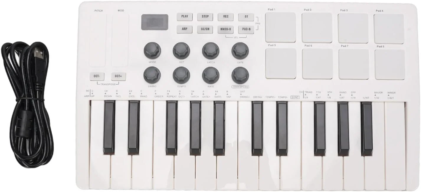 کنترلر صفحه کلید MIDI بلوتوثی 25 کلیدی، قابل حمل با 8 پد درام با نور پس زمینه و 8 دکمه، کلیدهای حساس به ضربه، سازگار با اندروید برای استودیوی تولید موسیقی