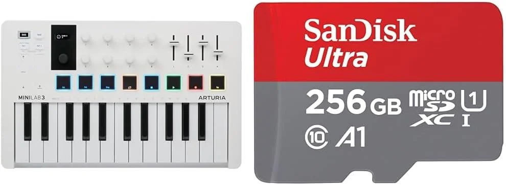 Arturia - MiniLab 3 - کنترلر MIDI جهانی برای تولید موسیقی و کارت حافظه SanDisk Ultra Android microSDXC UHS-I 256 گیگابایت + آداپتور (برای تلفن های هوشمند و تبلت ها)