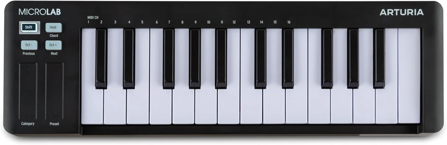 آرتوریا MicroLab mk3 – کیبورد کنترلر MIDI جمع و جور با 25 کلاویه حساس به ضربه، نوارهای لمسی دوتایی، حالت آکورد، ورودی پدال Sustain – مشکی