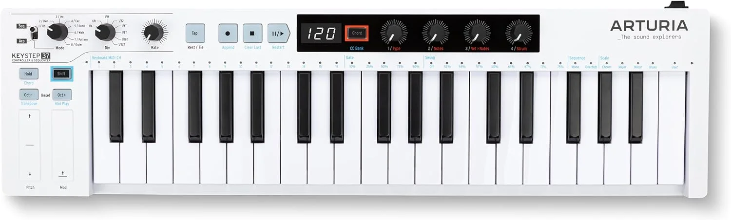 Arturia - Keystep 37- کنترلر MIDI خلاقانه، Sequencer، Arpeggiator و تولید کننده آکورد - کیبورد 37 کلیدی Slimkey، کنترلرهای MIDI CC قابل تخصیص، حالت مقیاس، گزینه های اتصال متنوع